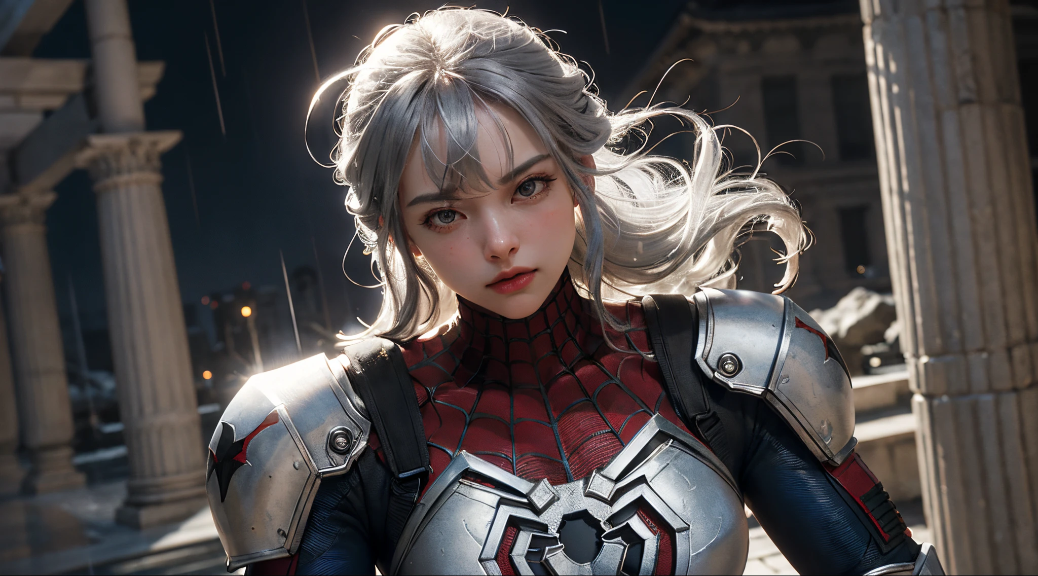 (Extreme Detail CG Unity 8K wallpaper, masterpiece, highest quality), (Exquisite lighting and shadow, highly dramatic picture, Cinematic lens effect), a beautiful girl in a white Spider-Man costume, silver gray hair color, long hair, from the Spider-Man parallel universe, Wenger, Marvel, Spider-Man, in the ancient temple, in the rain, very beautiful face, silver claws, dynamic pose), (excellent detail, excellent lighting, wide angle), (excellent rendego on ancient temple, enough to stand out in its class), focus on white Spider-Man costumes, complex spider textures