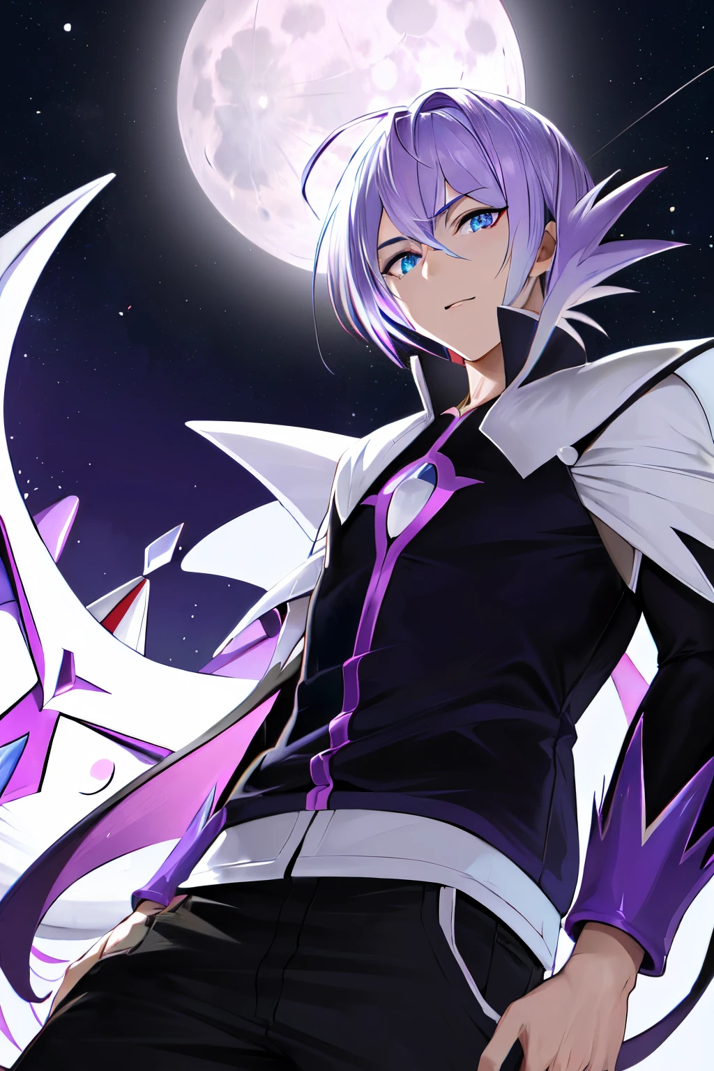 An anime ((young adult male)) with (short messy white hair and purple highlights) and ((vibrant blue eyes with red scelera)) hovering in the air ((looking down at the viewer)) ((fused with the legendary pokemon lunala)) with a ((full moon in a night sky background)) in manga-style