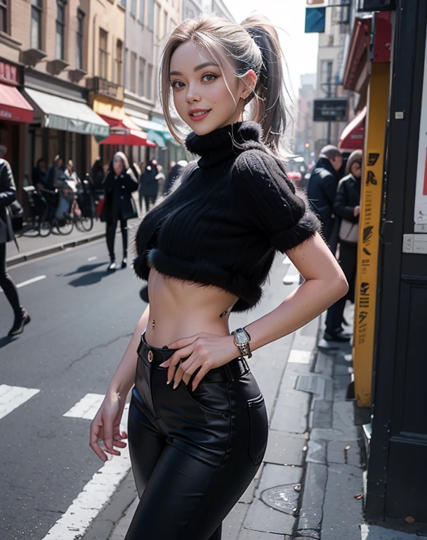 Masterpiece, 8K, photorealistic, ultra realistic, (1girl, solo),
_
the most beautiful, European ig model, 24 years old, 170 cm, (((large breasts:1.2))), (((slender waist, toned thighs, toned arms):1.3)), ((small head, small face:1.2)), diamond Face, small nose, (small mouth), Sharp Faceline,
_
BREAK (under body, wide shot), walking, from side, look at viewer, Focus foot,
_
(black theme and White), Inorganic, Inorganic concrete studio with window, small window, gray concrete block, highly, blur, blur background, front lightning, Cinematic lighting,
_
BREAK ((big eyes, Double eyelid, tareme, droopy eyes):1.3), ((smile, small lips, teeth:1.3)), (mole under eye:1.2), (Perl White teeth), ((gray hair)), short hair, (ponytail), asymmetrical hair, Aqua eyes, light makeup, thin eyebrow, shiny skin, detailed skin, detailed face, (detailed face skin), perfect eyes, (detailed eyes:1.3), shiny hair, ultra-detailed fingers,
_
BREAK ((dark coat, detective coat, longcoat, ƒ/8, composite, worn black coat, felt, photographed, dark artslabcoats)), (with black High neck Fur sweater:1.4), (black skinny pants:1.3), (silver earring, silver bracelet, silver necklace:1.2), raw photo,