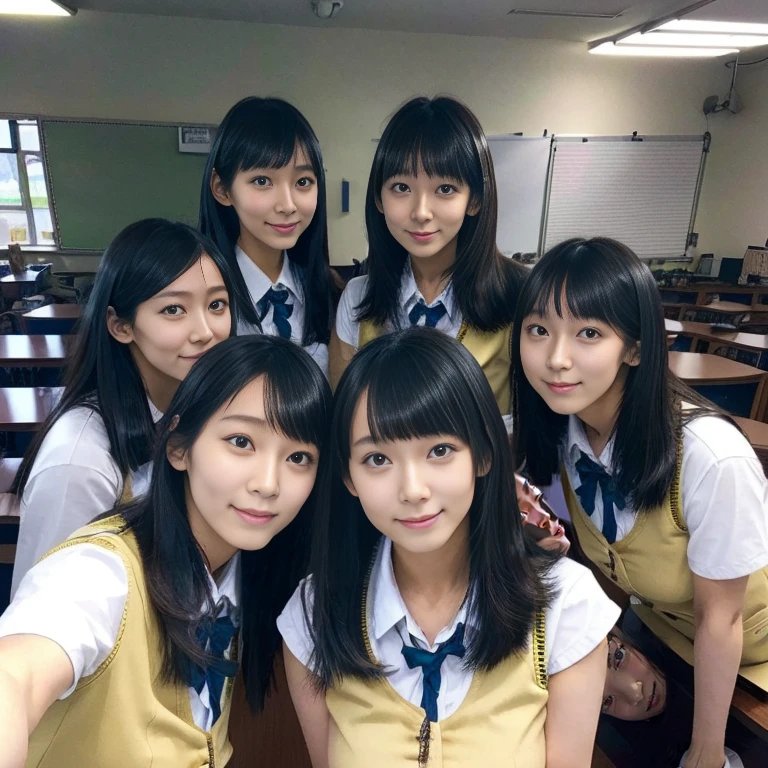 a picture、(multiple girls),((6+girls)),Same school uniform、Long black hair、huge tit、18year old、a smile、selfee、Classroom、Raw photo、The same face、same person,Japanese