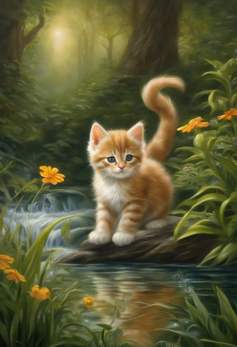 Heroic fantasy drawing of a cute kitten, grassy, wildflowers, Flowing water, shimmering with many trees and reflections, vine,In a dangerous fantasy world. Airbrush on oil painting on canvas. Best quality at best, A high resolution,Predating human civilization. Vulgar and simple, But there are also surprisingly beautiful pieces of art, Made by talented original artists. Best quality at best, A high resolution