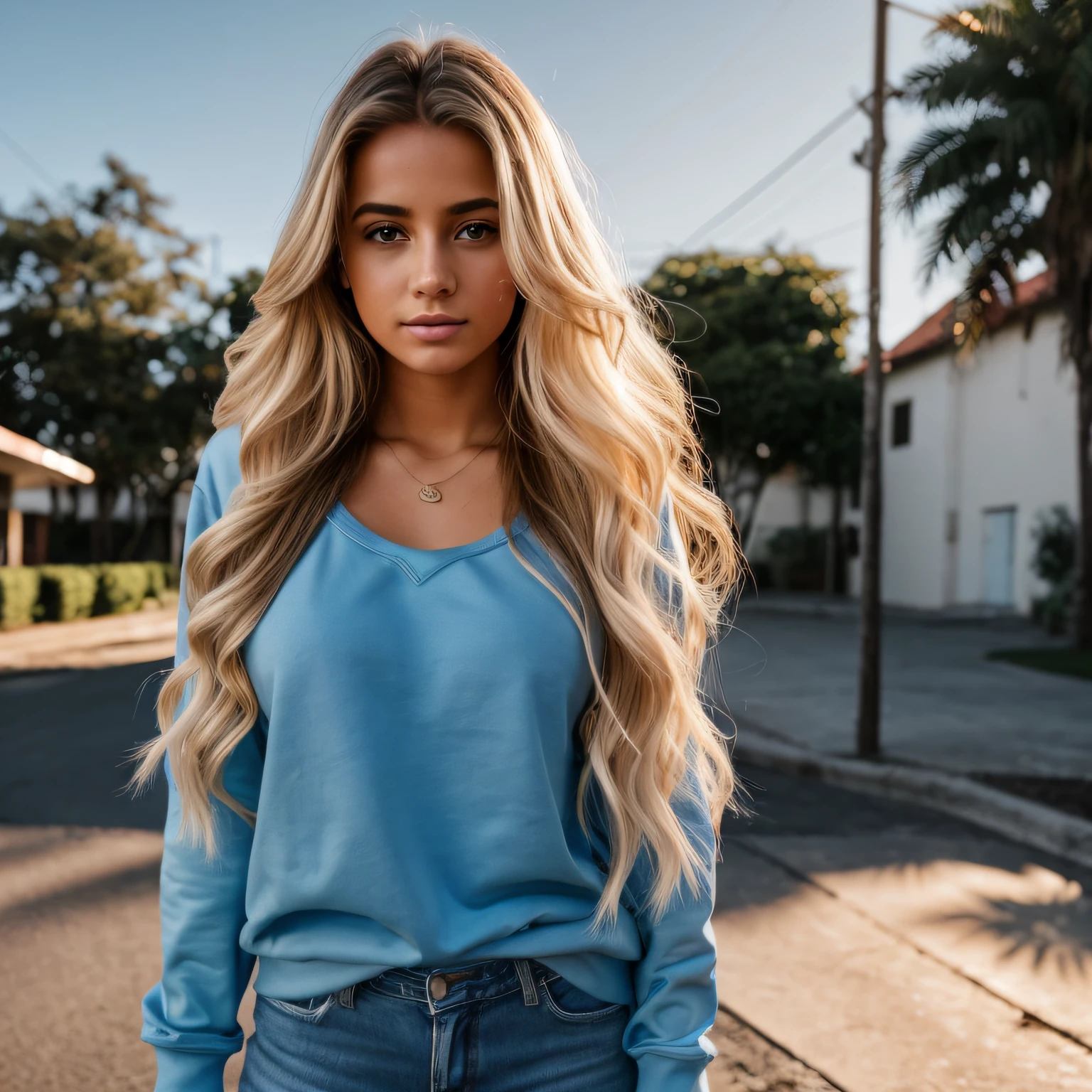 RAW photo, a 20-year-old Brazilian woman, blonde balayage, long hair, medium size breast, hour glass shaped body, wearing a blue sweatshirt and jeans , realistic, masterpiece, highest quality, lens flare, [[chromatic aberration]],best shadow, photorealism, hyperrealism, one girl