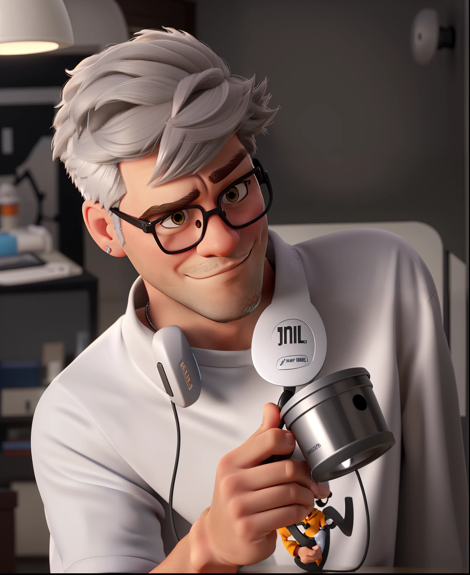 Create for me a man with short hair, his hair color is white, he looks serious in the photo, he has a black goatee, he is wearing normal glasses, he has an earring in his ear and he has a JBL headset around his neck , they are wearing a white t-shirt and are holding a cup, now create the image in disney pixar format with good quality