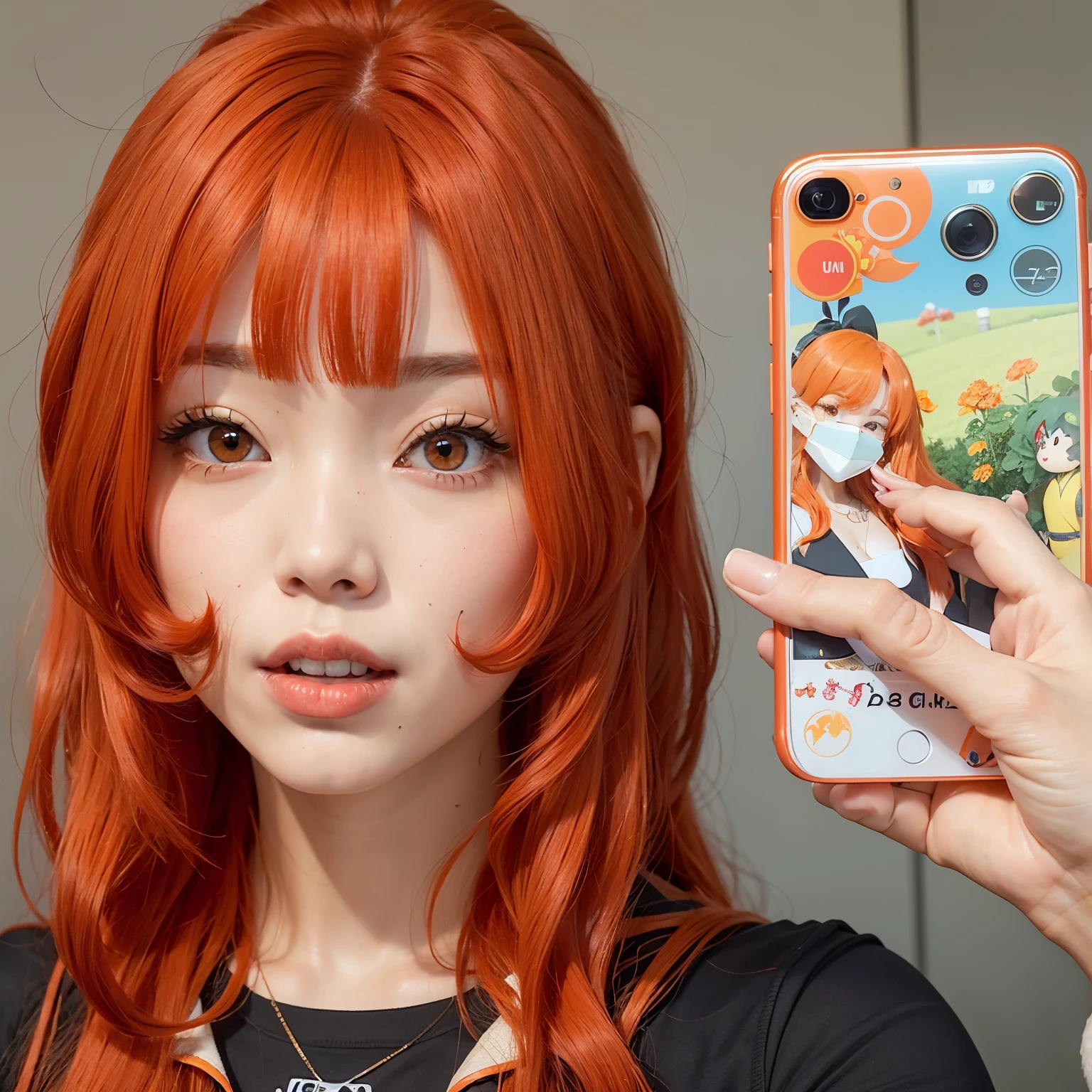 there is a woman with red hair taking a selfie with her phone, janice sung, she has long redorange hair, with red hair, orange hair, sun yunjoo, bright orange hair, red dyed hair, anime inspired, with long red hair, anime vibes, long orange hair, with curly red hair, taejune kim, ulzzang, she has red hair