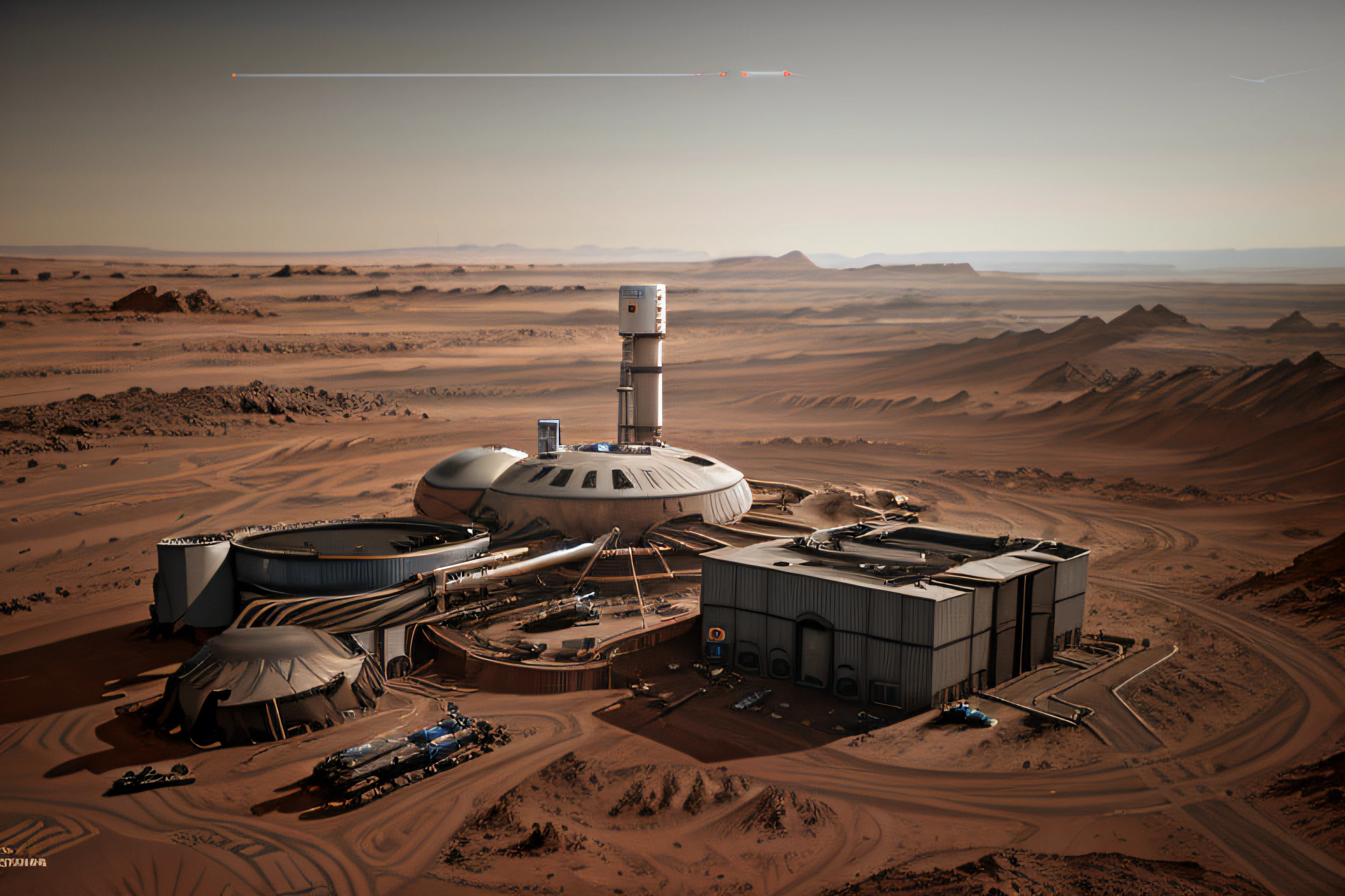 Building a factory on Mars, technological robotic arms, metal details lifelike, ultra-realistic, bright, bird's-eye view, ultra-wide angle, high reality, light and dark