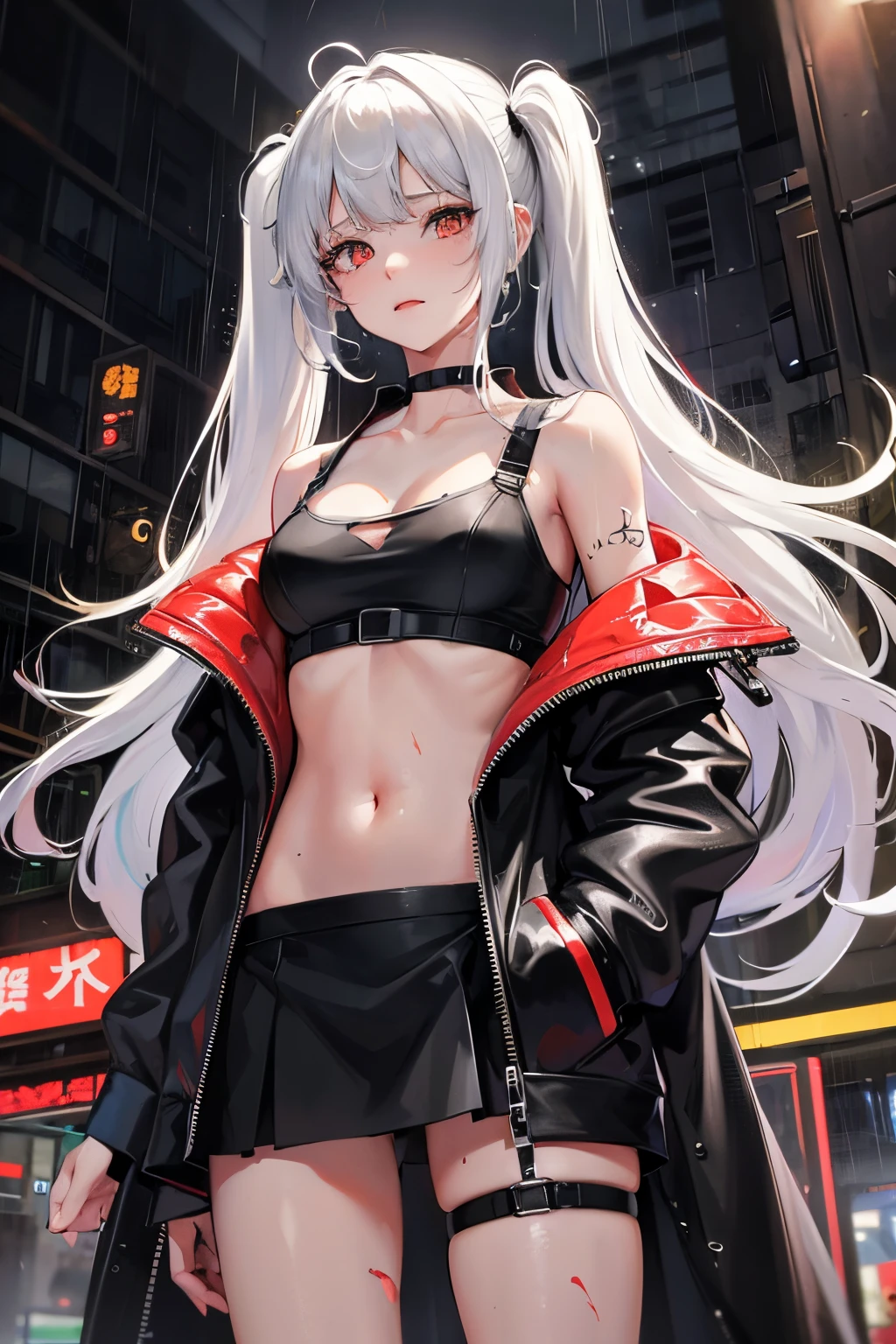 realistic, anime, 1girl,bangs, twintails, long hair, small breasts, off shoulder, white hair, rainbow hair, oversized T-shirt, white T-shirt, black bra, bare legs, thigh, cleavage, collarbone, (extremely detailed CG unity 8k wallpaper, masterpiece, best quality, ultra-detailed, best shadow), (masterpiece:1.2, best quality), very red eyes, sweat, soft body, cute, arm strap, thigh strap, multicolor eyes, outside, out door, raining, night, wet cloths, standing, standing in the rain, wet hair, wet skin, see through, (heavy rain), ruined building, messy ground, bullet shells on ground, dust, wounds, walking, jacket, tactical suit, military equipment, (night), white legwear, wet thighs, ((lotion)), from behind, (wet), dress, skirt, , happy, happy expression, thighs, from below, horizon, \(weapon\)