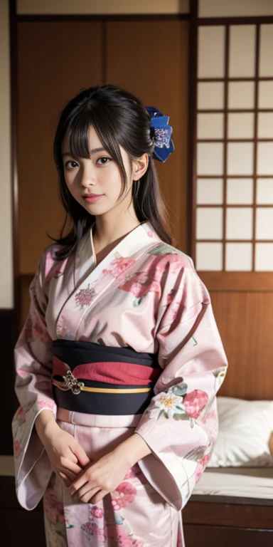 (masutepiece, Best Quality:1.4), Beautiful face, 8K, 85 mm, absurderes, ((FULL BODYSHOT:1.3))、((Japanese-style room with futons))、(Floral pattern long-sleeved kimono:1.4), cowboy shot、violaceaess, gardeniass, Delicate girl, Solo, Long bob hair、Night, Looking at Viewer, Upper body, Film grain, chromatic abberation, Sharp Focus, face lights, Professional Lighting, Sophisticated, (Smile:0.4), (Simple background, Bokeh background:1.2), Detail Face