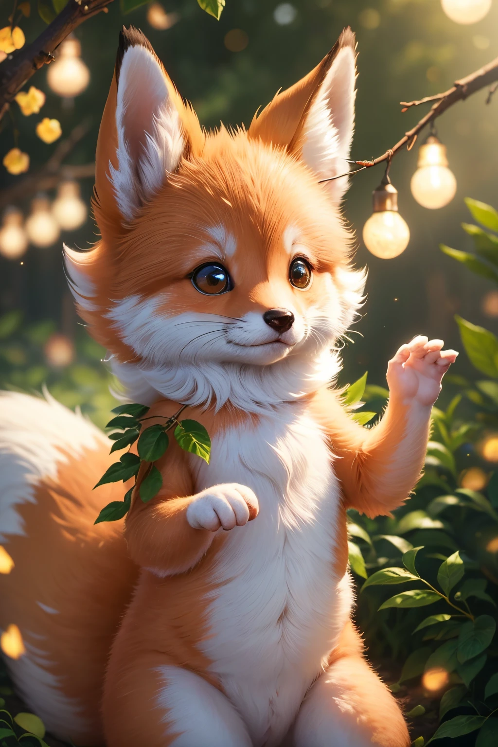 (best quality,4k,highres),cute fox emerging from a flowering bush,sparkling lights,floral backdrop,colorful petals,lush green leaves,playful expression,lively eyes,soft fur,curious snout,sunny day,blissful atmosphere,whimsical vibe,detail-rich illustration,lovely outdoors scene,dreamlike,enchanted,artistic rendering,friendly appearance,warm hues,emerging from the bush,sparkling lights dancing in the air