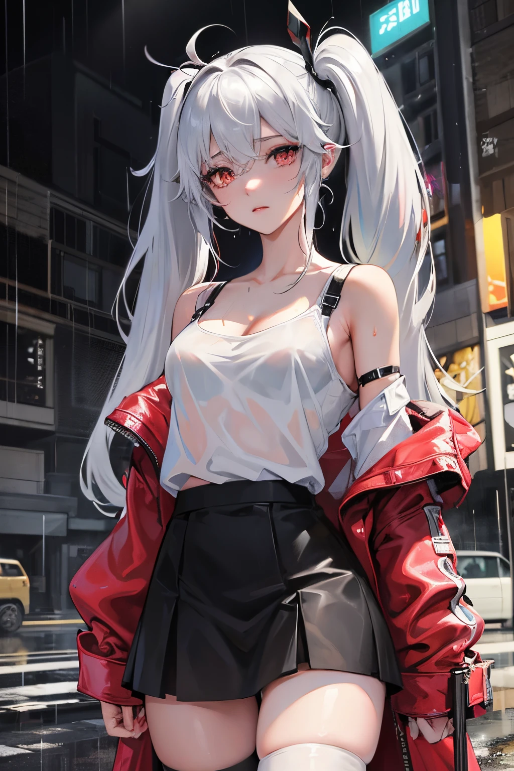 young white haired girl in ponytial, red eyes, pale skin, skinny body, flat chest, tank top and shorts, on the street