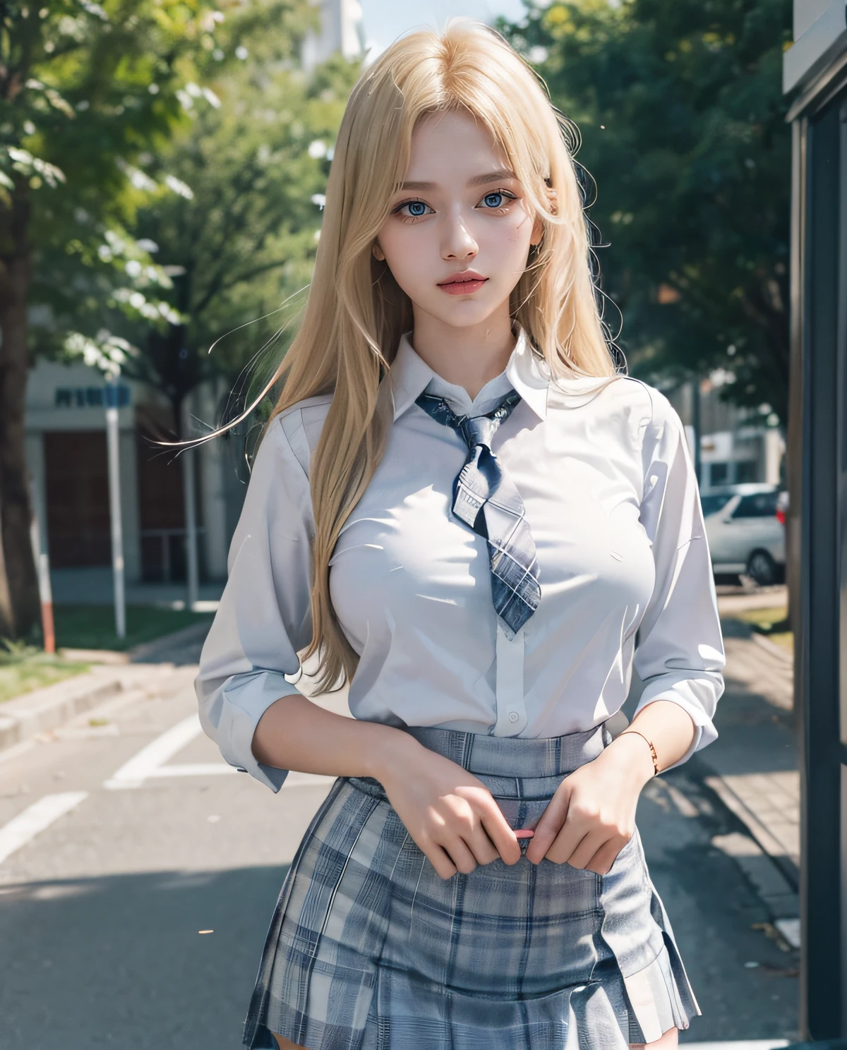 1girl, (Blue eyes), (smirk), (Sana Minatozaki), wide hips, Big Boobs, big ass, (Best Quality, 8k, Masterpiece: 1.3), perfect hands, Clear Focus: 1.2, Perfect Body Beauty: 1.4 , Slender Abs: 1.2, Highly detailed face and skin texture, detailed eyes, double eyelids, (blonde long hair), (white dress shirt :1.2), (plaid skirt :1.3), tie black, standing dynamic pose, in the school yard, school in the background