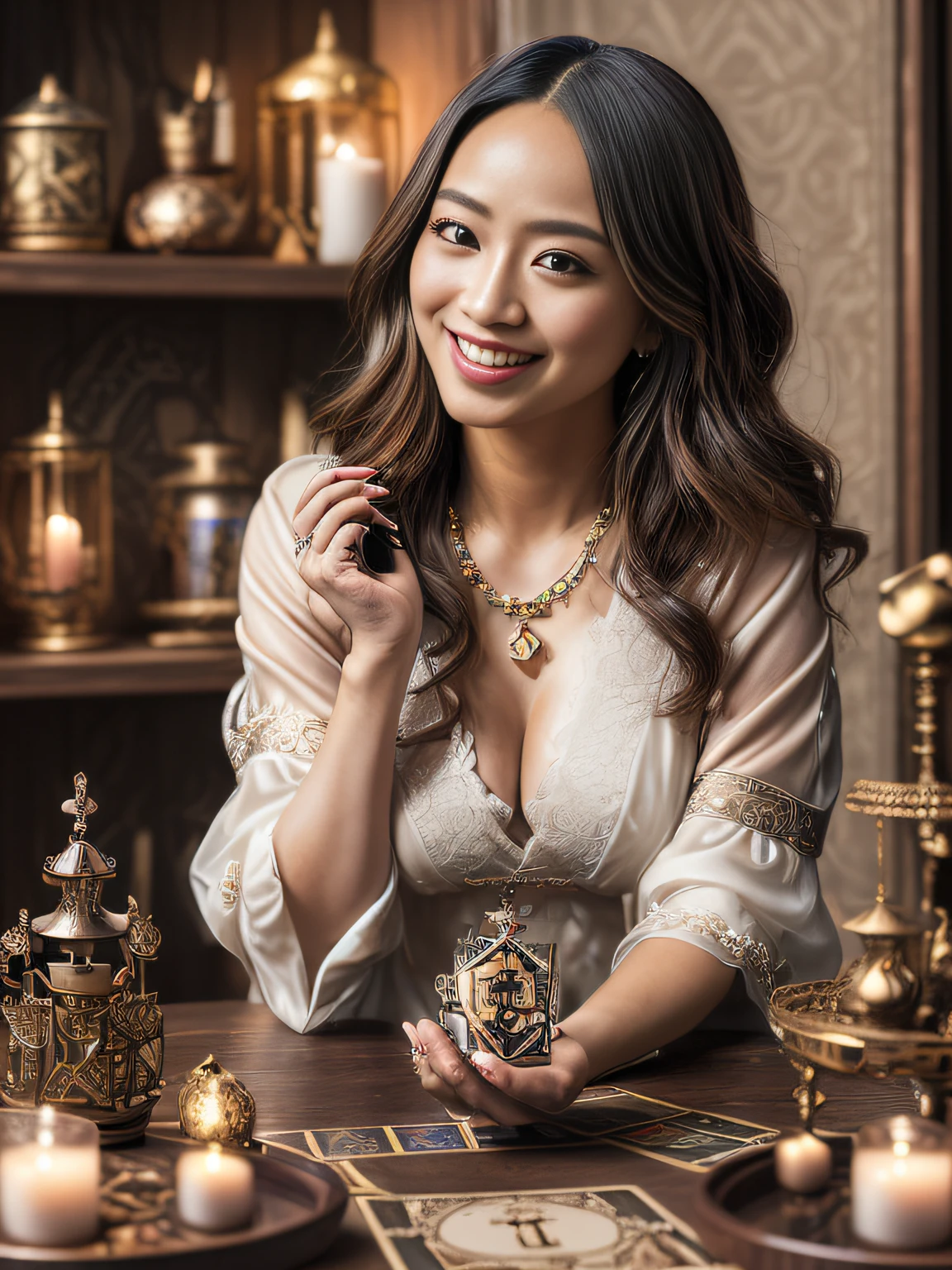 (masutepiece, High resolution, Photorealistic: 1.4), (Mysterious and magical charming tarot reader woman, Smiling, In a beautiful room full of tarot-themed objects:1.3).Clothing that does not show breasts、 She is looking at the cards on the table. (Sony Alpha a7R IV Camera、Professionally accustomed to capturing this enchanting moment: 1.2), (In combination with the versatile Sony FE 24-70mm f/2.8 GM Lenses, Ensure every detail is captured beautifully: 1.2) Magical (Breathtaking photos of enchanting beauty showing her stunning beauty: 1.2), Intricately detailed bio incandescent light background