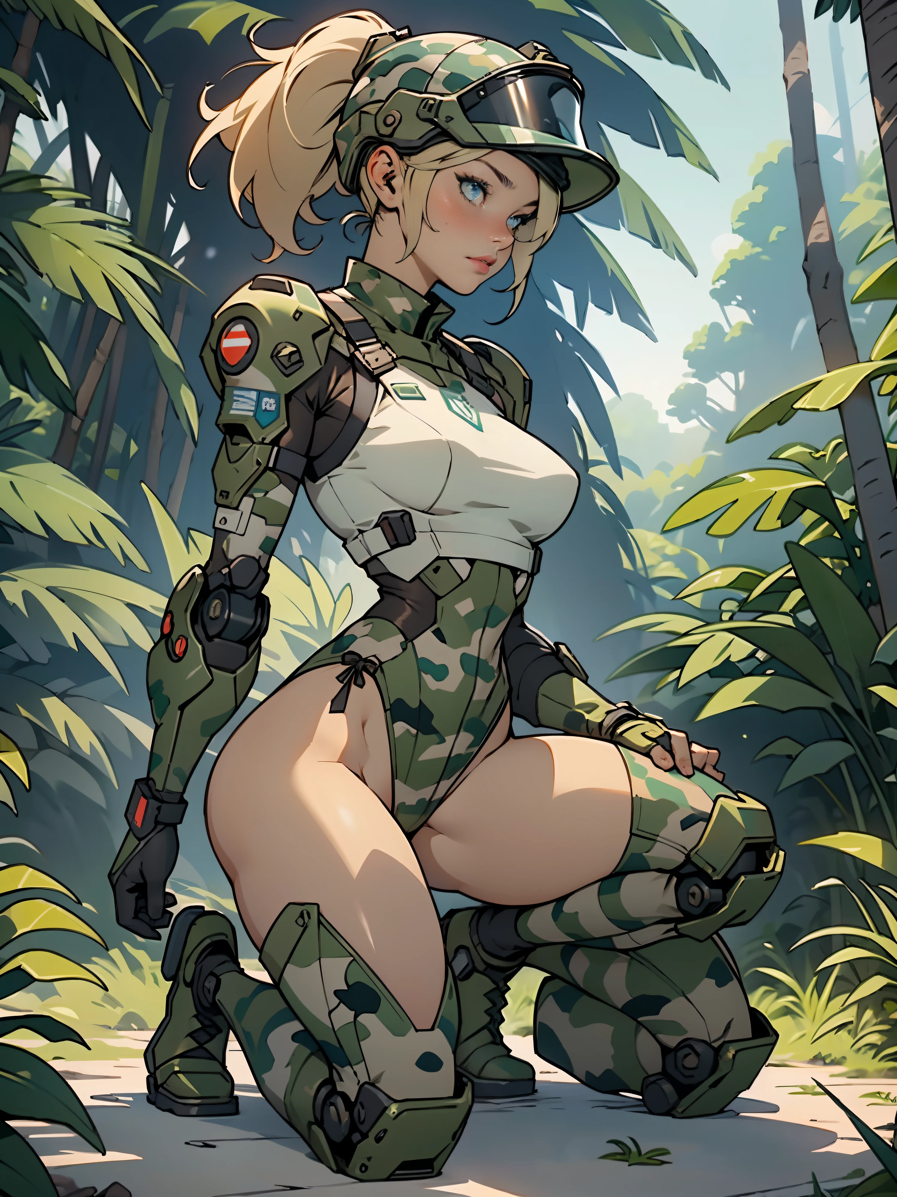 1woman 20 years old, max resolution, sculpted, military, wearing a soldier helmet, beautiful, perfect body, blonde hair, blue eyes, perfect body, thin waist, wide hips, large breasts, slim thighs, jungle background, armored vehicle, military robot dog, camouflaged uniform, tight panties, two-piece, highly detailed, high resolution, perfect hands, side view, camo, face fully turned to the side to look at the viewer, turn her head to look at the viewer, genuflection kneeling, one knee on ground, one knee up, bare shoulders
