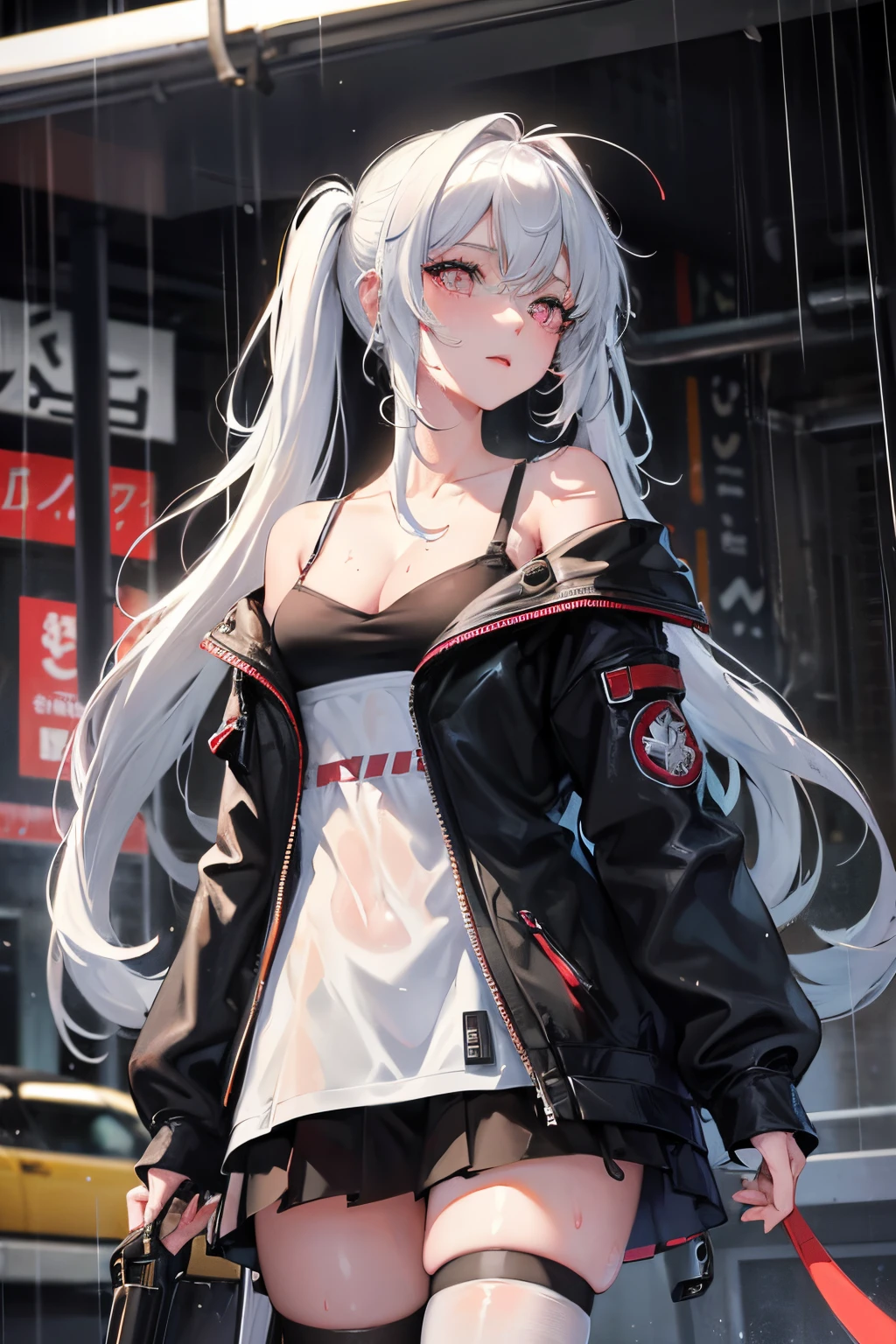 realistic, anime, 1girl,bangs, twintails, long hair, small breasts, off shoulder, white hair, rainbow hair, oversized T-shirt, white T-shirt, black bra, bare legs, thigh, cleavage, collarbone, (extremely detailed CG unity 8k wallpaper, masterpiece, best quality, ultra-detailed, best shadow), (masterpiece:1.2, best quality), very red eyes, sweat, soft body, cute, arm strap, thigh strap, multicolor eyes, outside, out door, raining, night, wet cloths, standing, standing in the rain, wet hair, wet skin, see through, (heavy rain), ruined building, messy ground, bullet shells on ground, dust, wounds, walking, jacket, tactical suit, military equipment, (night), white legwear, wet thighs, ((lotion)), from behind, (wet), dress, skirt, , happy, happy expression, thighs, from below, horizon, \(weapon\)