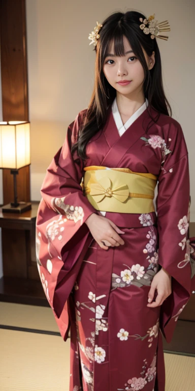 (masutepiece, Best Quality:1.4), Beautiful face, 8K, 85 mm, absurderes, ((FULL BODYSHOT:1.3))、((traditional Japanese room（Futon included）))、(Floral pattern long-sleeved kimono:1.4), cowboy  shot、violaceaess, gardeniass, Delicate girl, Solo, Long bob hair、Night, Looking at Viewer, Upper body, Film grain, chromatic abberation, Sharp Focus, face lights, Professional Lighting, Sophisticated, (Smile:0.4), (Simple background, Bokeh background:1.2), Detail Face