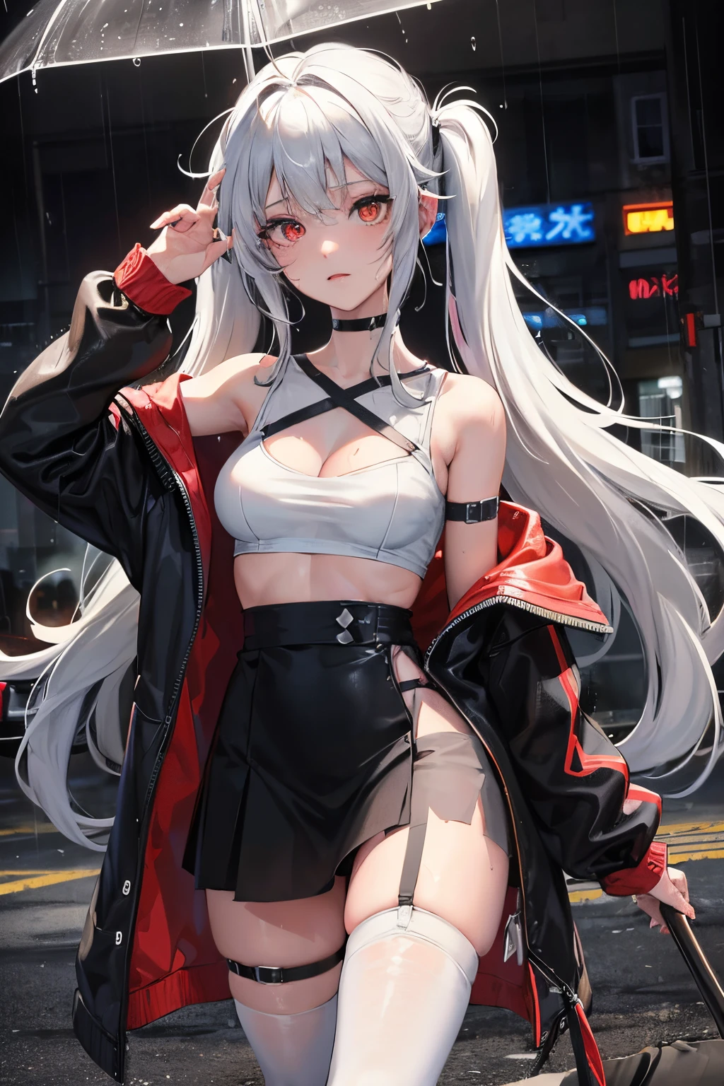realistic, anime, 1girl,bangs, twintails, long hair, small breasts, off shoulder, white hair, rainbow hair, oversized T-shirt, white T-shirt, black bra, bare legs, thigh, cleavage, collarbone, (extremely detailed CG unity 8k wallpaper, masterpiece, best quality, ultra-detailed, best shadow), (masterpiece:1.2, best quality), very red eyes, sweat, soft body, cute, arm strap, thigh strap, multicolor eyes, outside, out door, raining, night, wet cloths, standing, standing in the rain, wet hair, wet skin, see through, (heavy rain), ruined building, messy ground, bullet shells on ground, dust, wounds, walking, jacket, tactical suit, military equipment, (night), white legwear, wet thighs, ((lotion)), from behind, (wet), dress, skirt, , happy, happy expression, thighs, from below, horizon, \(weapon\)