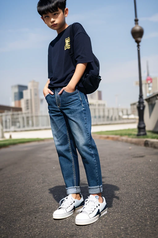 A boy wearing sneakers tucked into the hem of his jeans.