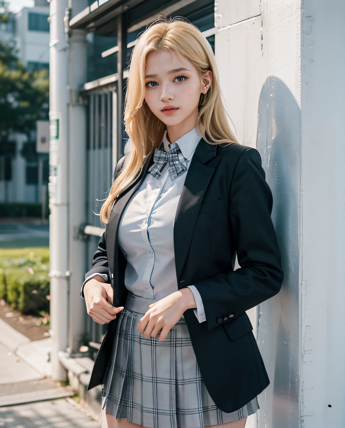 1girl, (Blue Eyes), smiling, (Sana Minatozaki), wide hips, Big , big ass, (Best Quality, 8k, Masterpiece: 1.3), Clear Focus: 1.2, Perfect Body Beauty: 1.4, Highly detailed face and skin texture, detailed eyes, double eyelids, (blonde long hair), (japanese school uniform), (Blazer uniform brown), (school shirt), (raised pleated skirt), lifting the skirt, (tie black), (sitting on a black sofa), (open legs :1.3), (showing black thong :1.2), in the principal's room, at school