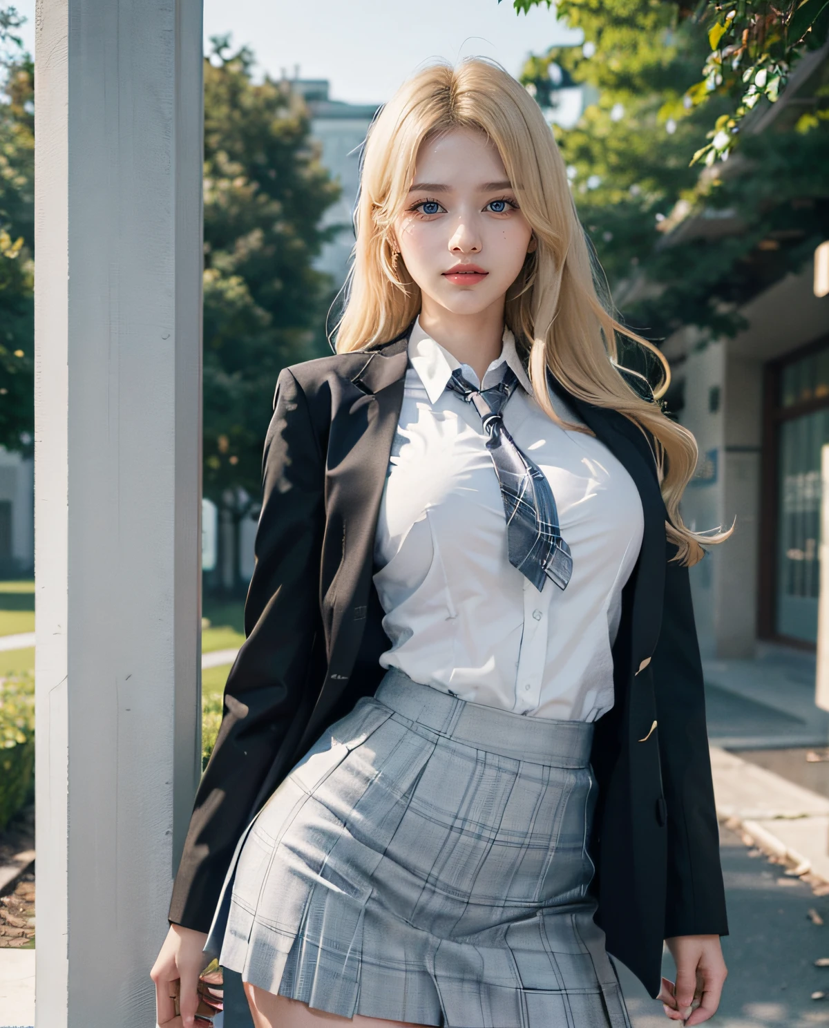 1girl, (Blue eyes), (smirk), (Sana Minatozaki), wide hips, Big Boobs, big ass, (Best Quality, 8k, Masterpiece: 1.3), perfect hands, Clear Focus: 1.2, Perfect Body Beauty: 1.4 , Slender Abs: 1.2, Highly detailed face and skin texture, detailed eyes, double eyelids, (blonde long hair), (white dress shirt :1.2), (gray school blazer), (plaid skirt), tie black, standing dynamic pose, in the school yard, school in the background