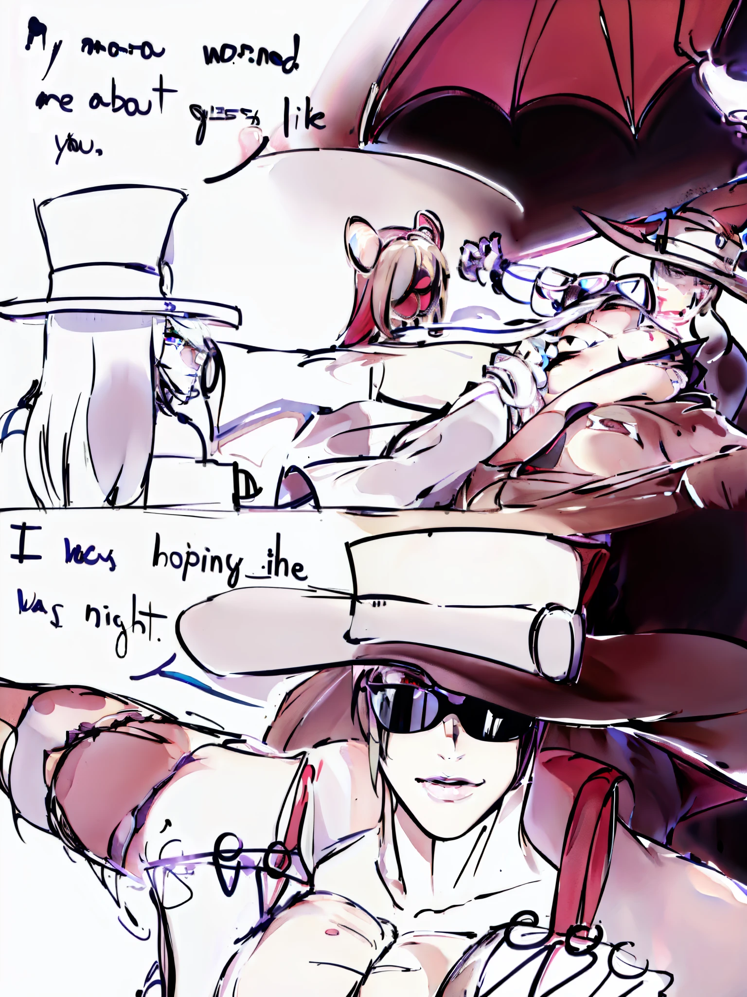 sketches of a man in a hat and sunglasses sitting in a car, of a ramlethal valentine, guilty gear art style, from overwatch, by Shingei, from league of legends, tipping his fedora, heavy shading, overwatch style, widowmaker's former lover, jjba, comic art ”, squinting at high noon, high quality fanart, ashe. pectorals, (open clothes:1.5), (exposed chest:1.5), abs