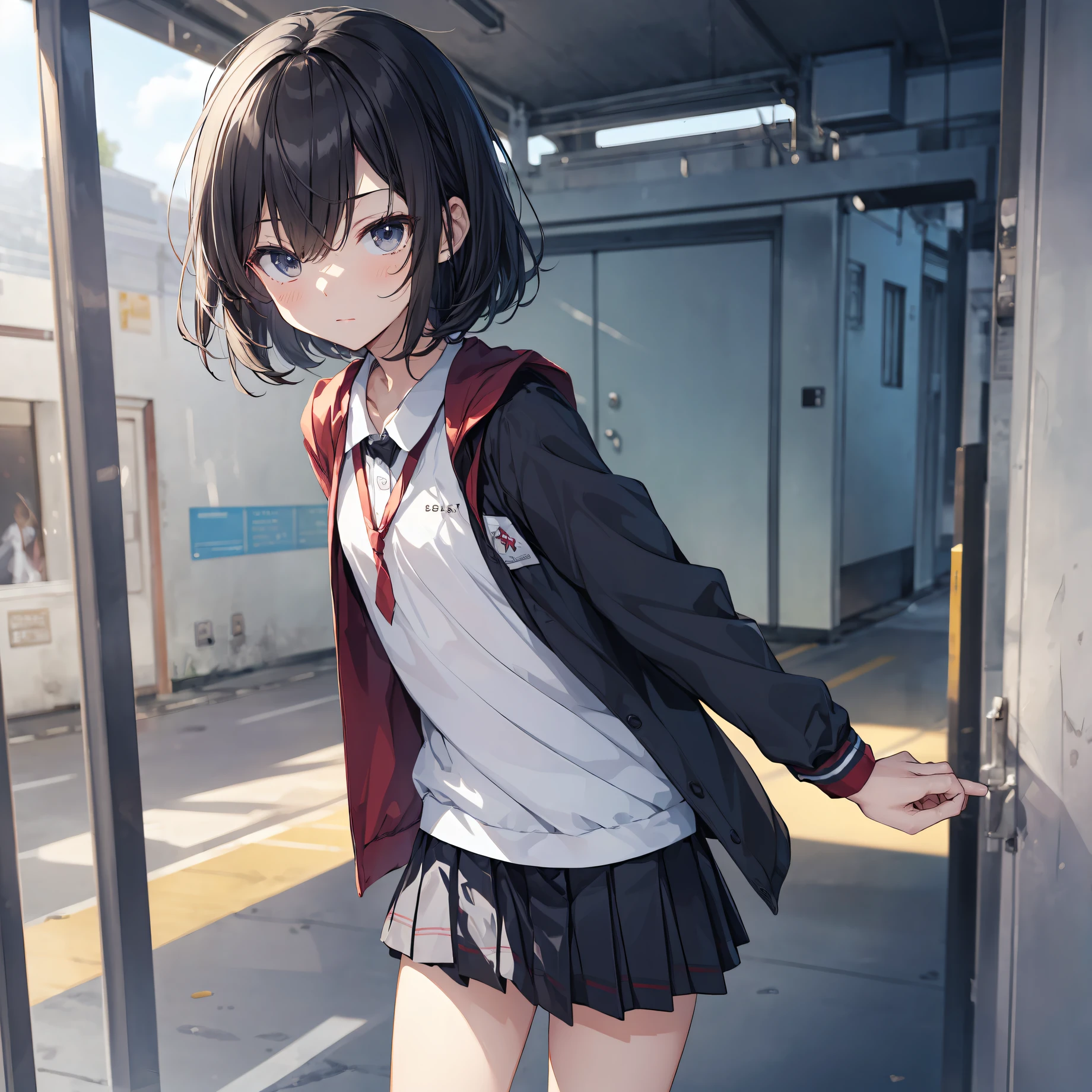God quality,  anime moe artstyle,best anime 8k konachan wallpaper,badass anime 8k,perfect anatomy, (Please draw a girl walking sleepily to school. ),break, 1girl, (Solo,Loli,child,13-year-old:1.3),a junior high school student, androgynous charm, (Very Short hair), Full limbs, complete fingers,flat chest, Small butt, groin, Small eyes,finely detailed beautiful black eyes,disgusted eyes, school Uniform, in the School commute route. break,ultra-detailed,high resolution,super detailed skin, professional lighting,8k eye details, (cool  illustration:1.2),