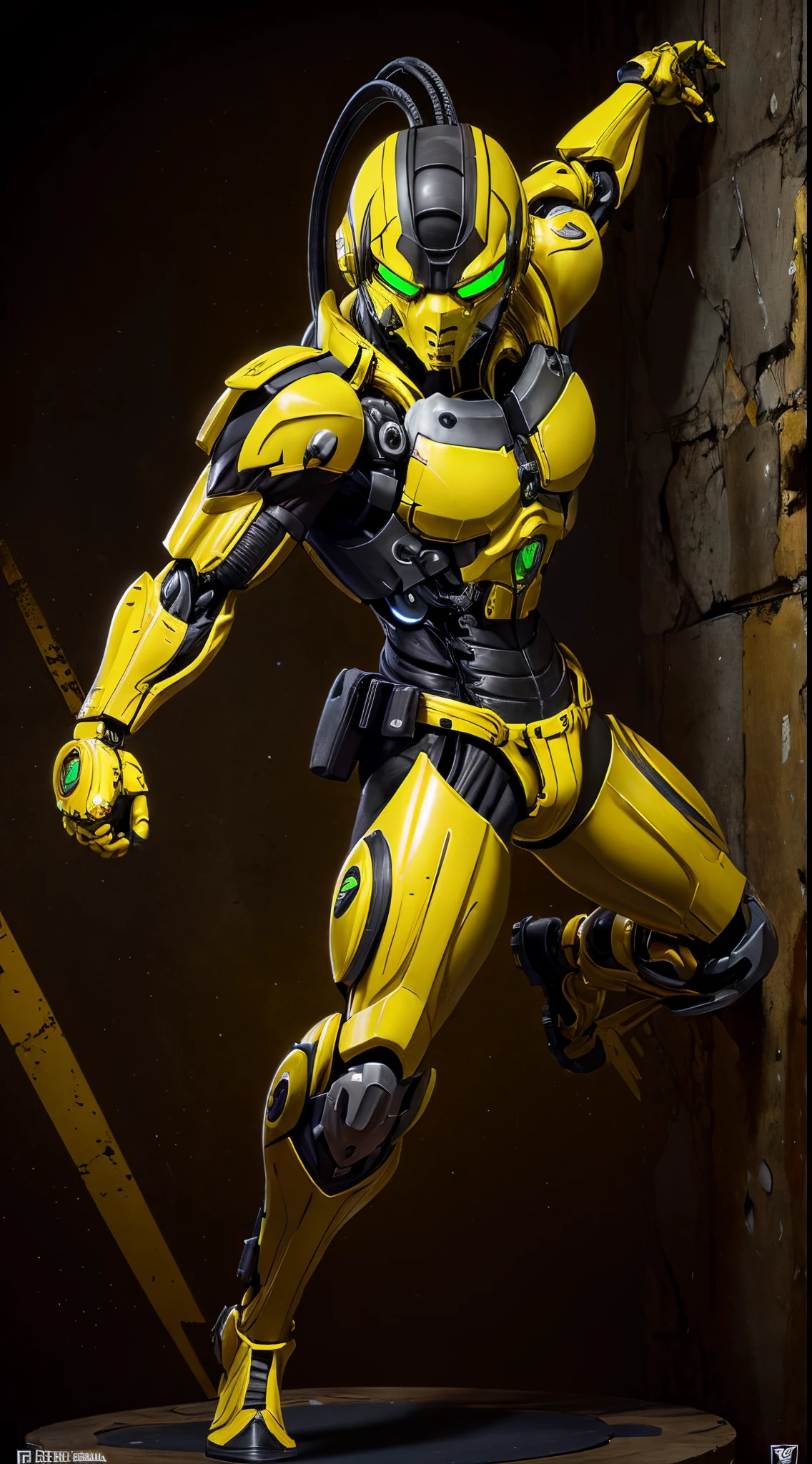 zxcrx, cyborg ninja wearing sleek, black and yellow armour that incorporates various mechanical components, his face is covered by a helmet with a green visor, wileds explosive bomb, equipped with arm-mounted buzzsaw blades, intricate, high detail, sharp focus, dramatic, photorealistic painting art by greg rutkowski