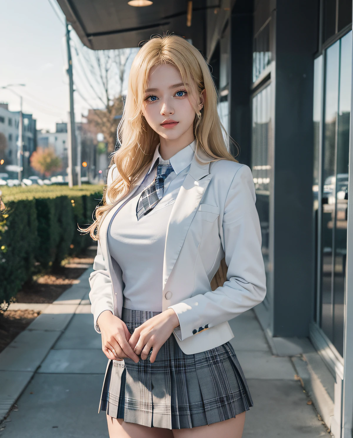 1girl, (Blue eyes), (smirk), (Sana Minatozaki), wide hips, Big Boobs, big ass, (Best Quality, 8k, Masterpiece: 1.3), perfect hands, Clear Focus: 1.2, Perfect Body Beauty: 1.4 , Slender Abs: 1.2, Highly detailed face and skin texture, detailed eyes, double eyelids, (blonde long hair), (white dress shirt :1.2), (gray school blazer), (plaid skirt), tie black, standing dynamic pose, in the school yard, school in the background
