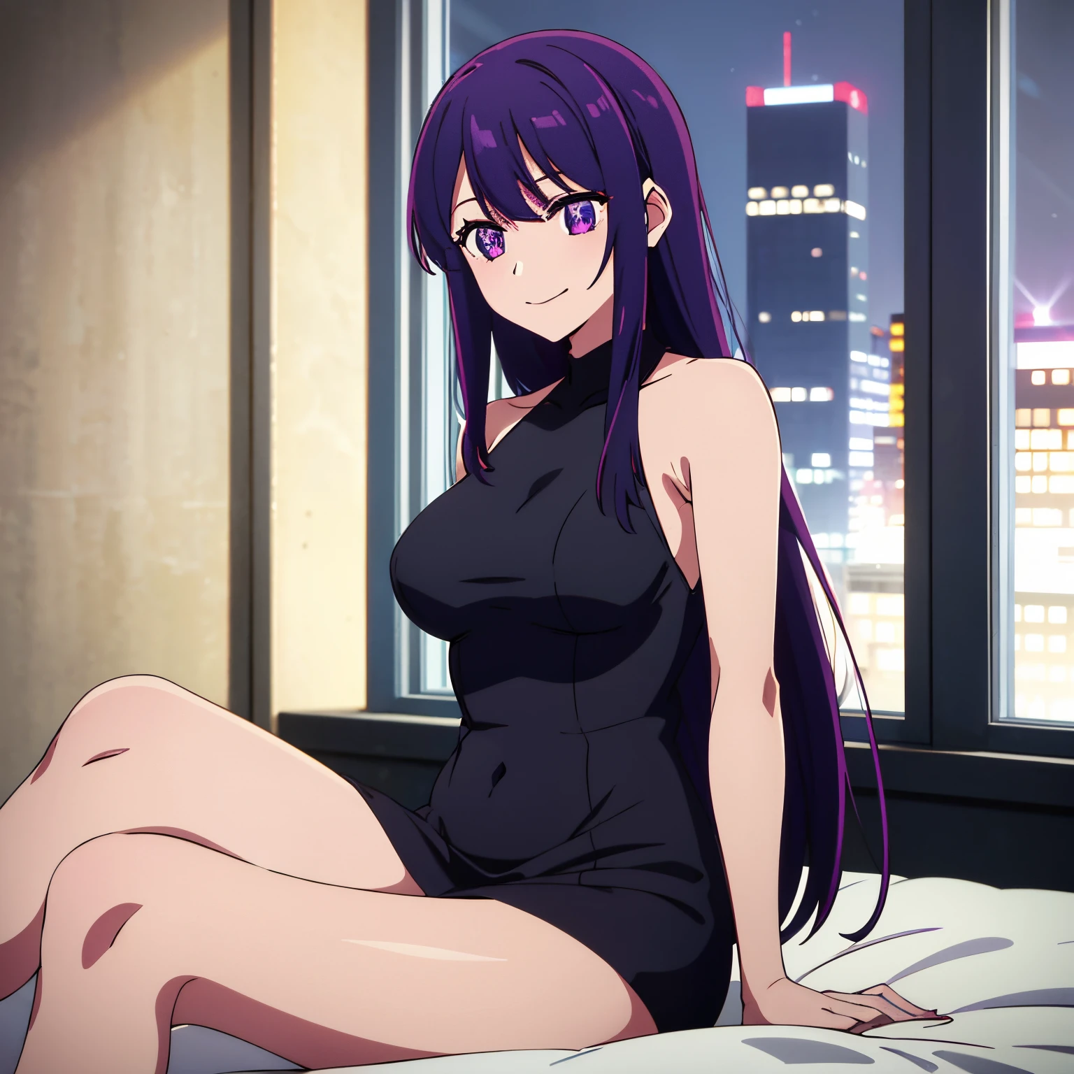 point of view (from the front), masterpiece, best quality, night, window, light coming in, city view from the window, Ai Hoshino, 1 girl, alone, long hair, purple hair, purple eyes, pupils in six-pointed star shape, dress, dress black one piece, tight dress, legs crossed, sitting, sitting on bed, room, long hair, closed mouth, big tits, looking at her own tits, wide thighs, medium hips, smile, makeup, embarrassed