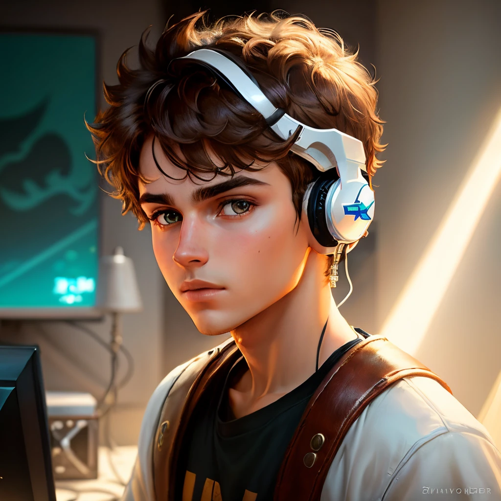 Create an art in the style of Disney Pixar covers where the boy is playing using a white headset in a gamer setup The characteristics of the boy is that he looks like 16 years old, is white, has brown eyes, wears diamond stone earrings, has brunette hair but blond at the ends, with bangs wrapped around the forehead and has an oriental dragon tattoo that takes the entire forearm and the dragon's head is in the hand