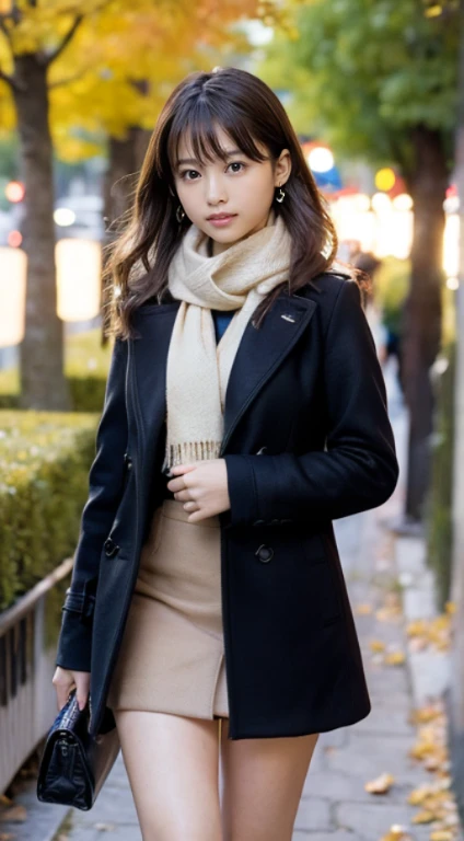 (Photorealistic), (ultra high realistic), (Ultra high definition), (ultra high detailed), (Increase contrast), (Increase saturation), (15yo girl), (light skinned)A pretty woman with perfect figure, Cute face, beautiful expression, (Lifelike face), Beautiful hairstyle, Realistic eyes, beautiful detail, (real looking skin), Beautiful skins, enticing, The ultra -The high-definition, A hyper-realistic, Realistic, Very detailed, Japanese, Semi-long curly hair, Bangs, (Brown hair), (slim figure), (Cute idol of Japan walking in light brown wool coat and knee-high boots, Tartan check)((a miniskirt:1.2,)) Burberry, Burberry Check Scarf:1.3, knit hat, Fall Winter 2023-2024), (), Gentle smile, Brown hair, ( earrings ), (Supermodel Figures), From below:1.3, In a row of ginkgo trees, Long, Magnificent ginkgo trees lined with autumn leaves on both sides of the road, Autumn, golden leaves, A road with many fallen leaves that look golden:1.3, Filled with fallen leaves:1.3