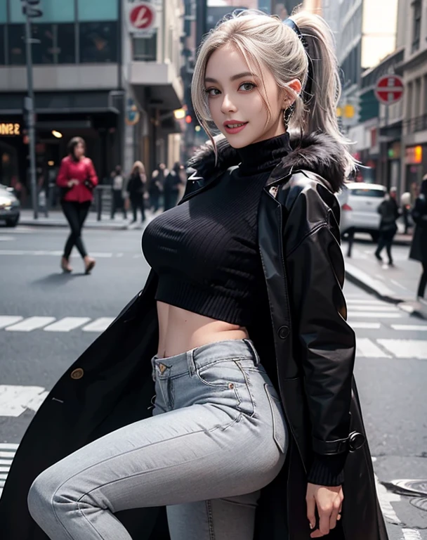 Masterpiece, 8K, photorealistic, ultra realistic, (1girl, solo),
_
the most beautiful, European ig idol, 24 years old, 170 cm, (((large breasts:1.2))), (((slender waist, toned thighs, toned arms):1.3)), ((small head, small face:1.2)), diamond Face, small nose, (small mouth), Sharp Faceline,
_
BREAK (under body, wide shot):1.4), walking, from side, look at viewer, Focus foot,
_
(black theme and White), Inorganic, Inorganic concrete studio with window, small window, gray concrete block, highly, blur, blur background, front lightning, Cinematic lighting,
_
BREAK ((big eyes, Double eyelid, tareme, droopy eyes):1.3), ((smile, small lips, teeth:1.3)), (mole under eye:1.2), (Perl White teeth), ((gray hair)), short hair, (ponytail), asymmetrical hair, (Aqua eyes:1.4), light makeup, thin eyebrow, shiny skin, detailed skin, detailed face, (detailed face skin), perfect eyes, (detailed eyes:1.3), shiny hair, ultra-detailed fingers,
_
BREAK ((dark coat, detective coat, longcoat, ƒ/8, composite, worn black coat, felt, photographed, dark artslabcoats)), (with black High neck Fur sweater:1.4), (black skinny pants:1.3), (silver earring, silver bracelet, silver necklace:1.2), raw photo,