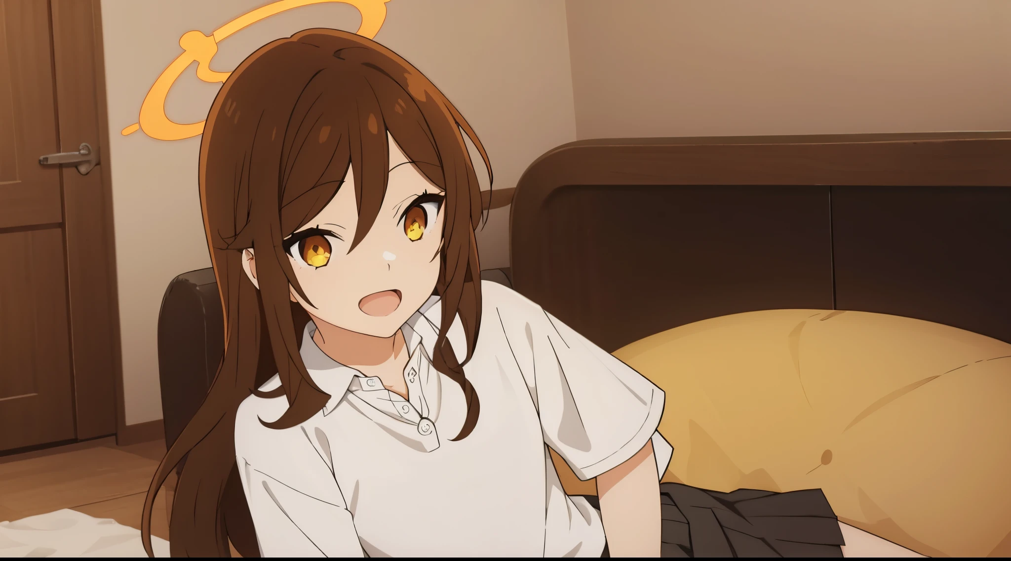 1girl, brown hair, smiling, orange yellow eyes, yellow circular halo, uniform, inside house, modern livinng room, open mouth, Hori Kyouko, long hair, open collar, gray skirt, casual, winter night, white polo, one closed eye, cool, vivid,