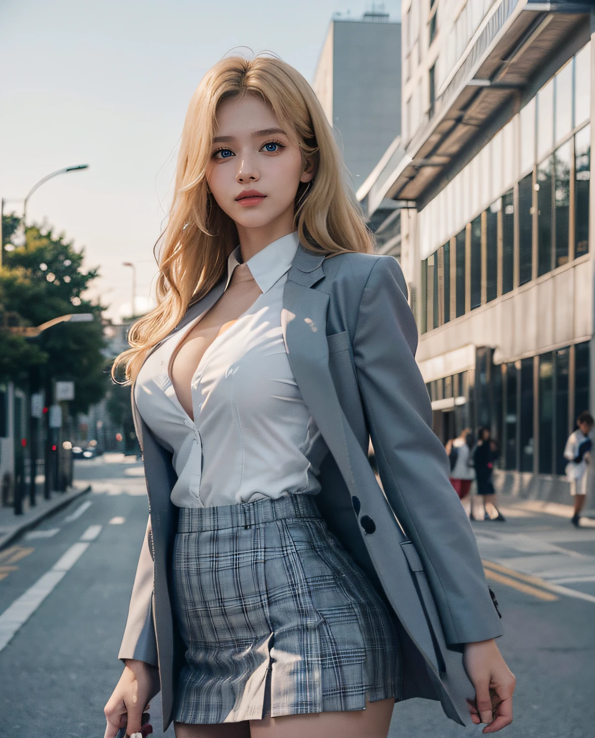 1girl, (Blue eyes), (smirk), (Sana Minatozaki), wide hips, Big Boobs, big ass, (Best Quality, 8k, Masterpiece: 1.3), perfect hands, Clear Focus: 1.2, Perfect Body Beauty: 1.4 , Slender Abs: 1.2, Highly detailed face and skin texture, detailed eyes, double eyelids, (blonde long hair), (white dress shirt :1.2), (gray school blazer), (plaid skirt), schoolgirl, standing dynamic pose, in the school yard, school in the background