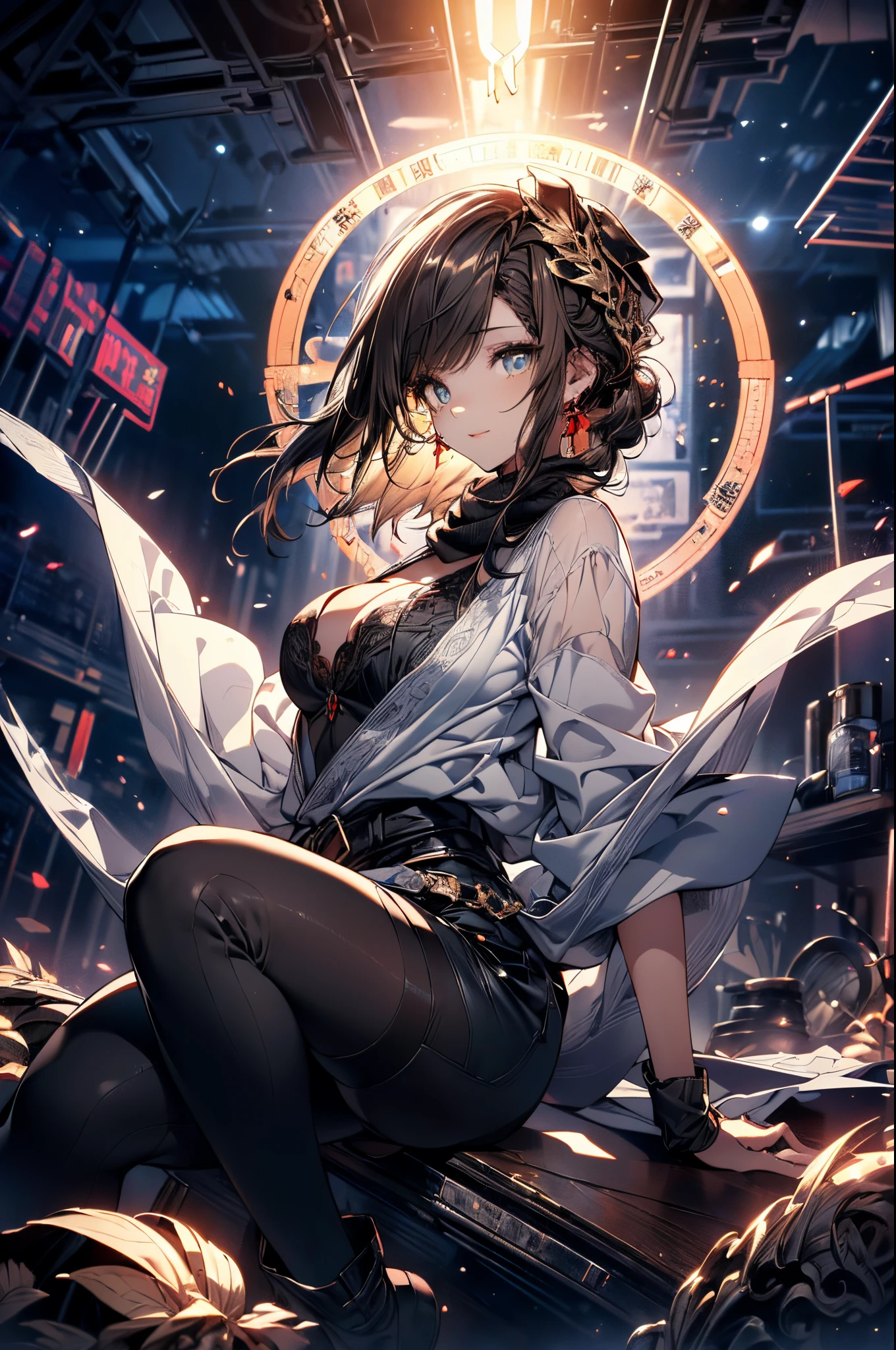(Character concept image:1.3), a matured woman with long black hair and a white outfit, (at a rock place in a desert:1.2), (sitting on illuminated magic circle drawing on the ground:1.2, under starly sky:1.3, sitting Indian-styles:1.3, Yoga posing:1.1, with opening legs and rising knee:1.3, with cross-legged:1.5, rift and open your arms:1.3, in Arabic ancient ruins:1.3), (floating opened Bible:1.2), Arabic, (Post apocalyptic:0.2), from arknights, artwork in the style of guweiz, bodyesbian, fine details. girls frontline, beautiful anime illustration, from girls frontline, by Yang J, stunning, 28 years old, (milf:1.3), (solo:1.5), (sfw:1.25), (sagging breast, fuge breasts, big tits, thin waist, big ass:1.2), Raised sexy, (dark mahogany medium short hair, updo, hair over one eye, asymmetric hair, Carly hair, low tied braids),(musulman, white Headscarfs, hair bands, head vandage, Turban), (ultra high resolution, 8K RAW photo, photo realistics, thin outline:1.3, clear focus), best qualtiy, cinematic lighting, textile shading, blurry back ground, field depth, bokeh, (Bright pupils, fine detailed beautiful eyes with highlight:1.3, high detailed face), Red lip, fine realistic skins:1.1, looking at viewers:1.3, (dynamic angle:1.3, front view:1.1, tight focus:1.3, from below:1.2), (dynamic posing:1.5, sexy posing:1.2, leaning forward), ((open your mouth:1.3)), (seductive smiling:1.2), centered image, (wearing white long jacket and clothes, wearing white robes:1.3, ((bare breast:1.37)), platinum ornaments, rolling white clothes around waist, dark brown long leather boots:1.3, translucent lace pantyhose), (((correct anatomy:1.5, perfect anatomy:1.37))), ((outdoor:1.2, in a night:1.3)),