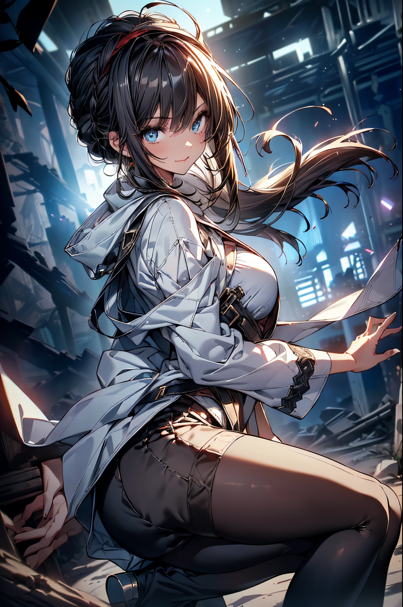 (Character concept image:1.3), a matured woman with long black hair and a white outfit, (at a rock place in a desert:1.2), (sitting on illuminated magic circle drawing on the ground:1.2, under starly sky:1.3, sitting Indian-styles:1.3, Yoga posing:1.1, with opening legs and rising knee:1.3, with cross-legged:1.5, rift and open your arms:1.3, in Arabic ancient ruins:1.3), (floating opened Bible:1.2), Arabic, (Post apocalyptic:0.2), from arknights, artwork in the style of guweiz, bodyesbian, fine details. girls frontline, beautiful anime illustration, from girls frontline, by Yang J, stunning, 28 years old, (milf:1.3), (solo:1.5), (sfw:1.25), (sagging breast, fuge breasts, big tits, thin waist, big ass:1.2), Raised sexy, (dark mahogany medium short hair, updo, hair over one eye, asymmetric hair, Carly hair, low tied braids),(musulman, white Headscarfs, hair bands, head vandage, Turban), (ultra high resolution, 8K RAW photo, photo realistics, thin outline:1.3, clear focus), best qualtiy, cinematic lighting, textile shading, blurry back ground, field depth, bokeh, (Bright pupils, fine detailed beautiful eyes with highlight:1.3, high detailed face), Red lip, fine realistic skins:1.1, looking at viewers:1.3, (dynamic angle:1.3, front view:1.1, tight focus:1.3, from below:1.2), (dynamic posing:1.5, sexy posing:1.2, leaning forward), ((open your mouth:1.3)), (seductive smiling:1.2), centered image, (wearing white long jacket and clothes, wearing white robes:1.3, ((bare breast:1.37)), platinum ornaments, rolling white clothes around waist, dark brown long leather boots:1.3, translucent lace pantyhose), (((correct anatomy:1.5, perfect anatomy:1.37))), ((outdoor:1.2, in a night:1.3)),