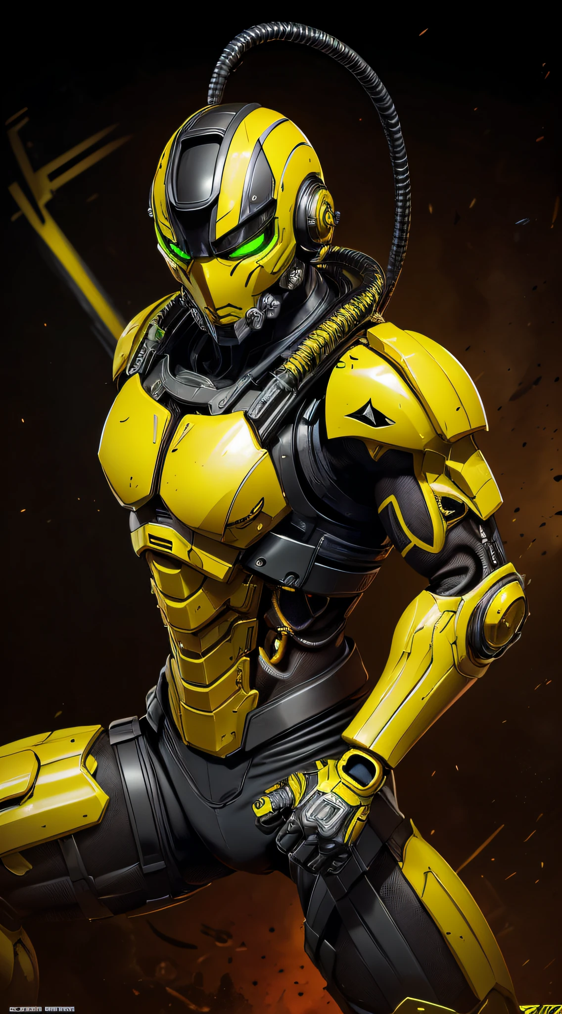 zxcrx, cyborg ninja wearing sleek, black and yellow armour that incorporates various mechanical components, his face is covered by a helmet with a green visor, wileds explosive bomb, equipped with arm-mounted buzzsaw blades, intricate, high detail, sharp focus, dramatic, photorealistic painting art by greg rutkowski