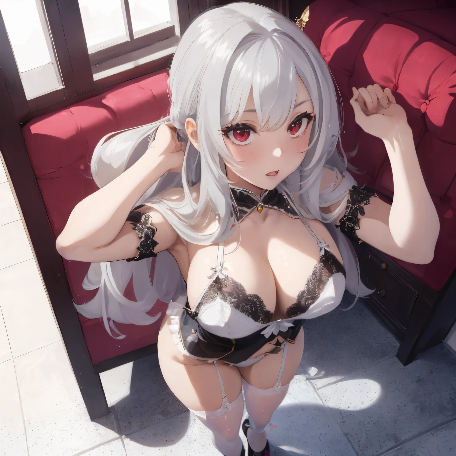Royal Hall,Royal style,It's a bright space with lots of light....,a throne,fluffy hair,clear silver hair,Chignonhair,Dango Hair,Her chest is wide open and you can see her cleavage,Underwear with plenty of lace.,clean white underwear,Skin peeking through the gap in the lace,,Glossy and elastic skin,Slight red tide,AHE Face,ecstacy,Standing with arms raised,stiletto shoes,pumps,Embarrassed face,SEX