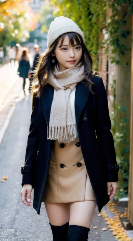 (Photorealistic), (ultra high realistic), (Ultra high definition), (ultra high detailed), (Increase contrast), (Increase saturation), ( girl), (light skinned)A pretty woman with perfect figure, Cute face, beautiful expression, (Lifelike face), Beautiful hairstyle, Realistic eyes, beautiful detail, (real looking skin), Beautiful skins, enticing, The ultra -The high-definition, A hyper-realistic, Realistic, Very detailed, Japanese, Semi-long curly hair, Bangs, (Brown hair), (slim figure), (Cute idol of Japan walking in light brown wool coat and knee-high boots, Tartan check)((a miniskirt:1.2,)) Burberry, Burberry Check Scarf:1.3, knit hat, Fall Winter 2023-2024), (), Gentle smile, Brown hair, ( earrings ), (Supermodel Figures), From below:1.3, In a row of ginkgo trees, Long, Magnificent ginkgo trees lined with autumn leaves on both sides of the road, Autumn, golden leaves, A road with many fallen leaves that look golden:1.3, Filled with fallen leaves:1.3