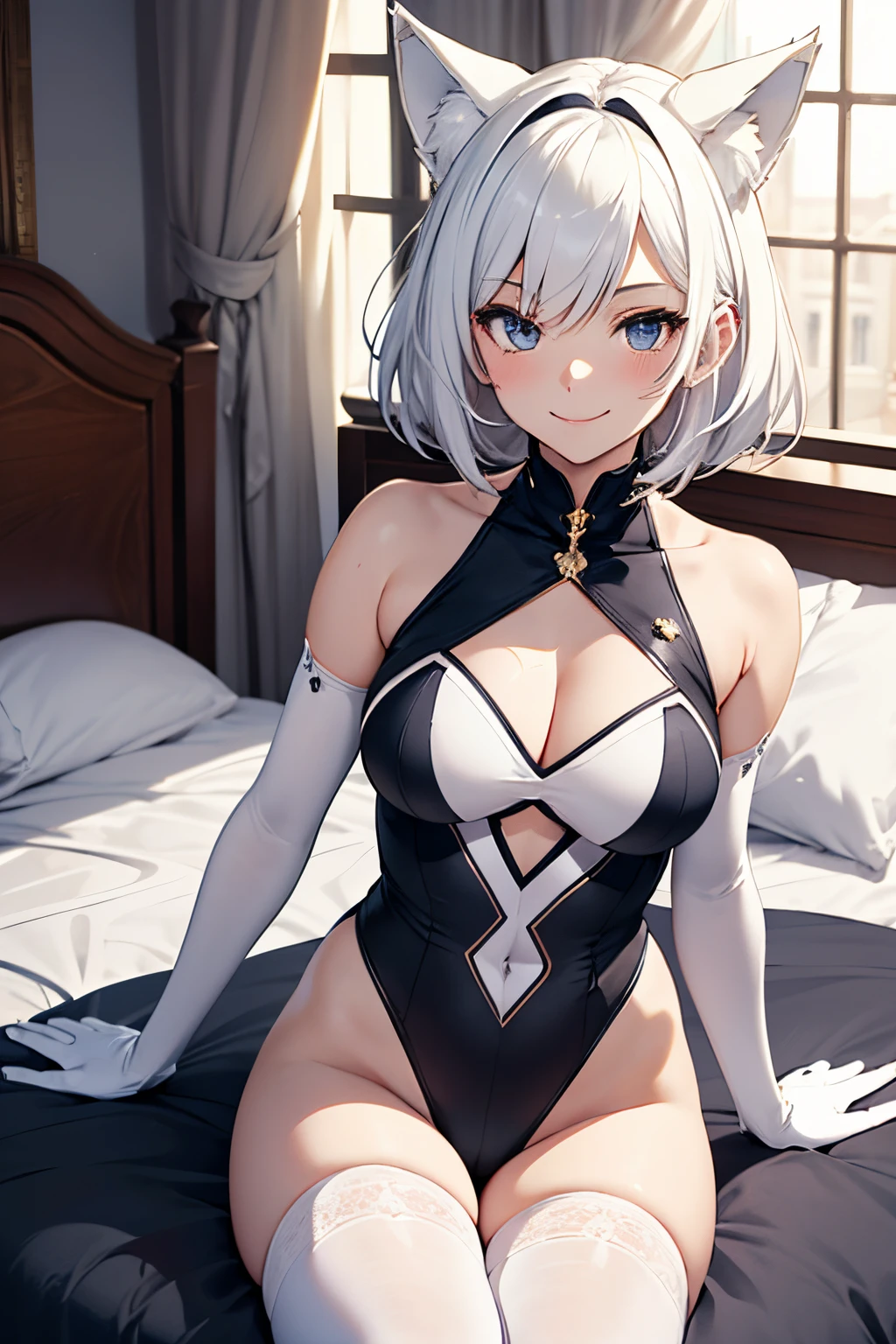 masutepiece Top image quality vivid high-detail One Young Woman((Adults))Anime style White Long Gloves((blanche)(Long gloves)) white tights((blanche)(Wearing tights)) leotard Wolf ears shorth hair((short-cut)(White hair)(Habitual hair)(fluffly)) a smile Eye color is blue on the beds