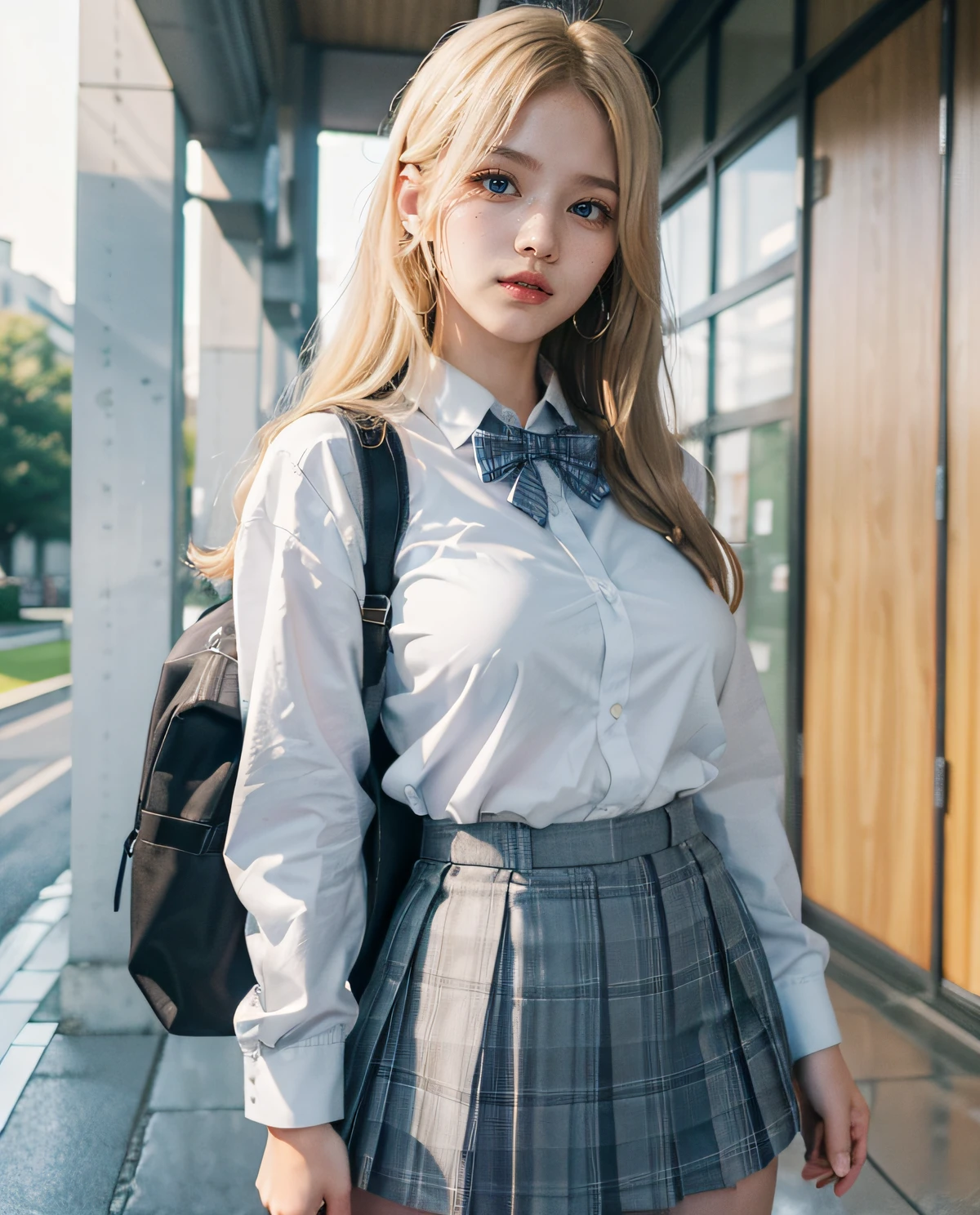 1girl, (Blue eyes), (smirk), (Sana Minatozaki), wide hips, Big Boobs, big ass, (Best Quality, 8k, Masterpiece: 1.3), perfect hands, Clear Focus: 1.2, Perfect Body Beauty: 1.4 , Slender Abs: 1.2, Highly detailed face and skin texture, detailed eyes, double eyelids, (blonde long hair), (white dress shirt :1.2), (gray school blazer), (plaid skirt), ((japanese school uniform)), ((schoolgirl :1.3)), standing dynamic pose, in the school yard, school in the background