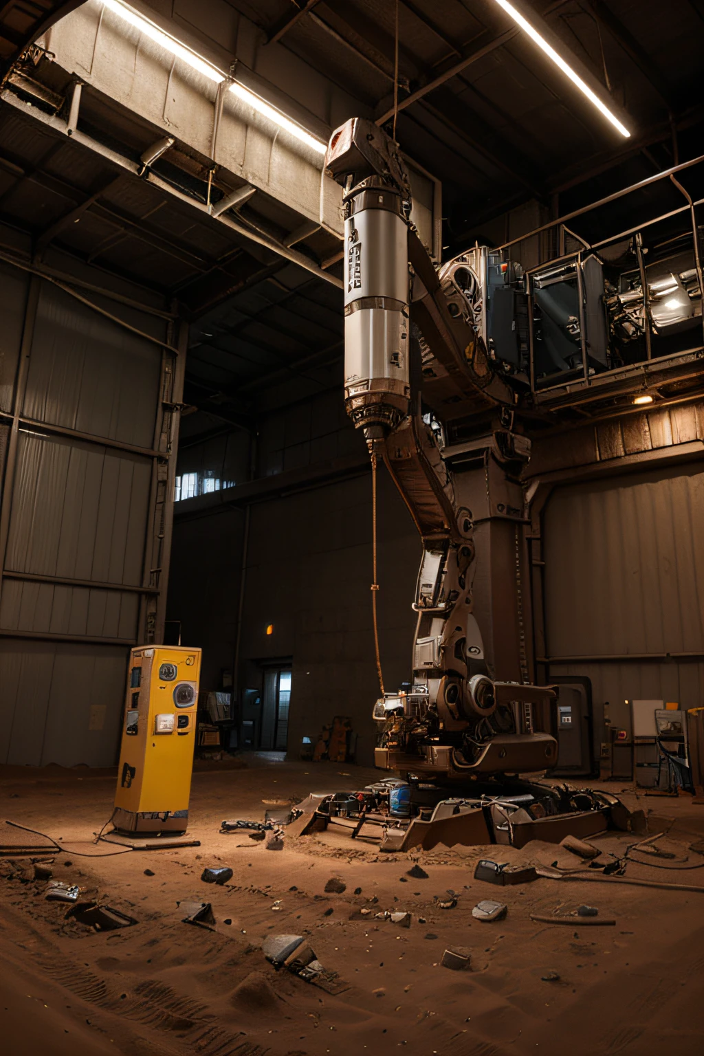 Building a factory on Mars, technological robotic arms, metal details lifelike, ultra-realistic, bright, ultra-wide angle view, ultra-wide angle, high reality, light and dark