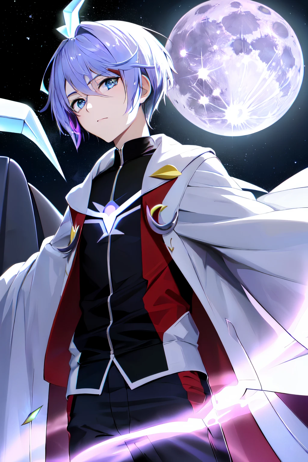 An anime ((young adult male)) with (short messy white hair and purple highlights) and ((vibrant blue eyes and the white parts red)) hovering in the air ((looking down at the viewer with a god-like presence)) ((fused with the legendary pokemon lunala)) with a ((full moon in a night sky background)) in manga-style