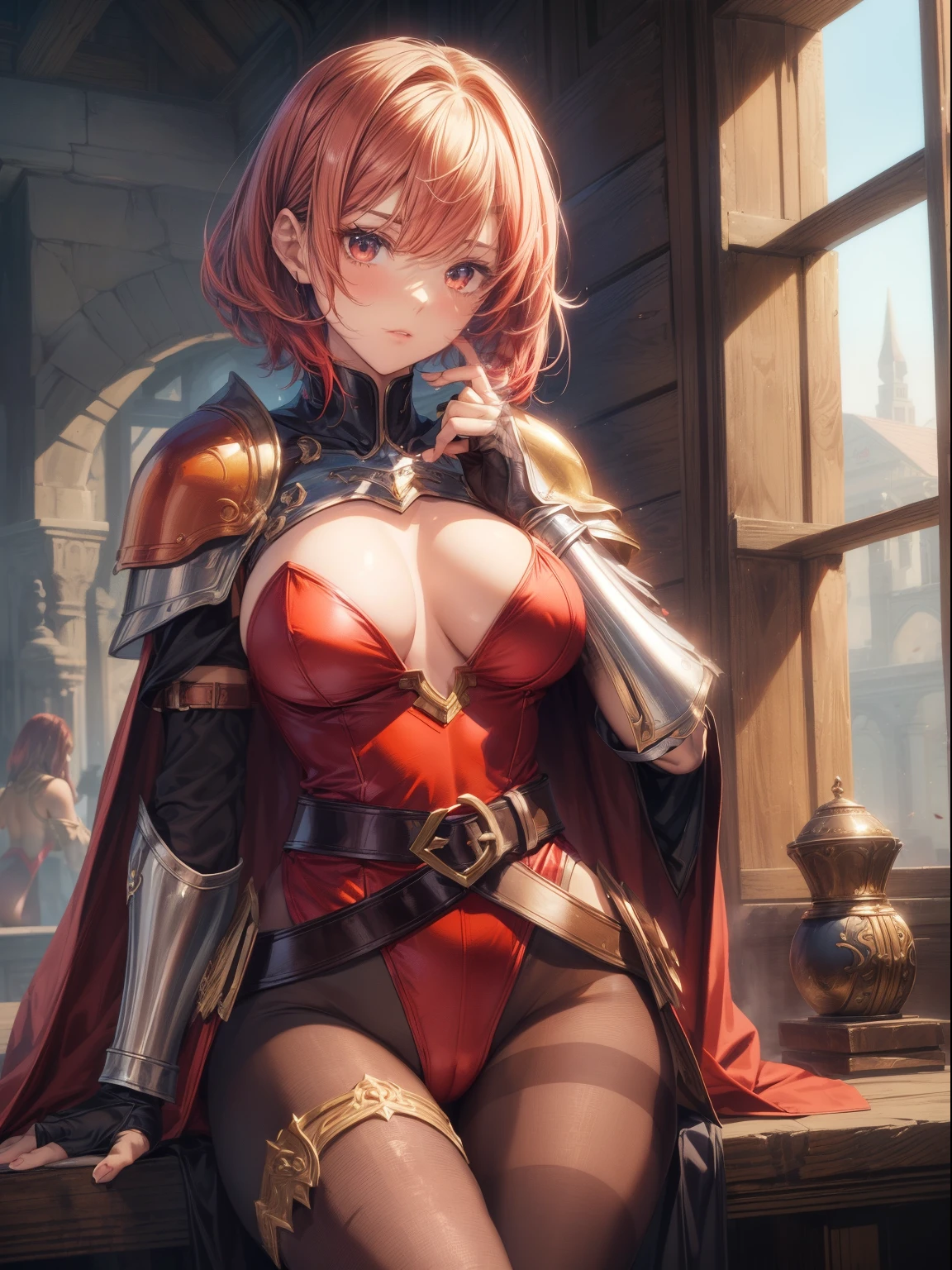 top-quality、Full limbs、complete fingers、one beautiful women、Beautiful Large Breasts、Medium short hair、straight haired、Red hair、(red high neck leotard:1.3)、(Brown pantyhose)、sacred place、Woman knight、((Western armor、gauntlets、a belt、breastplates、Shin pads))、Red cloak