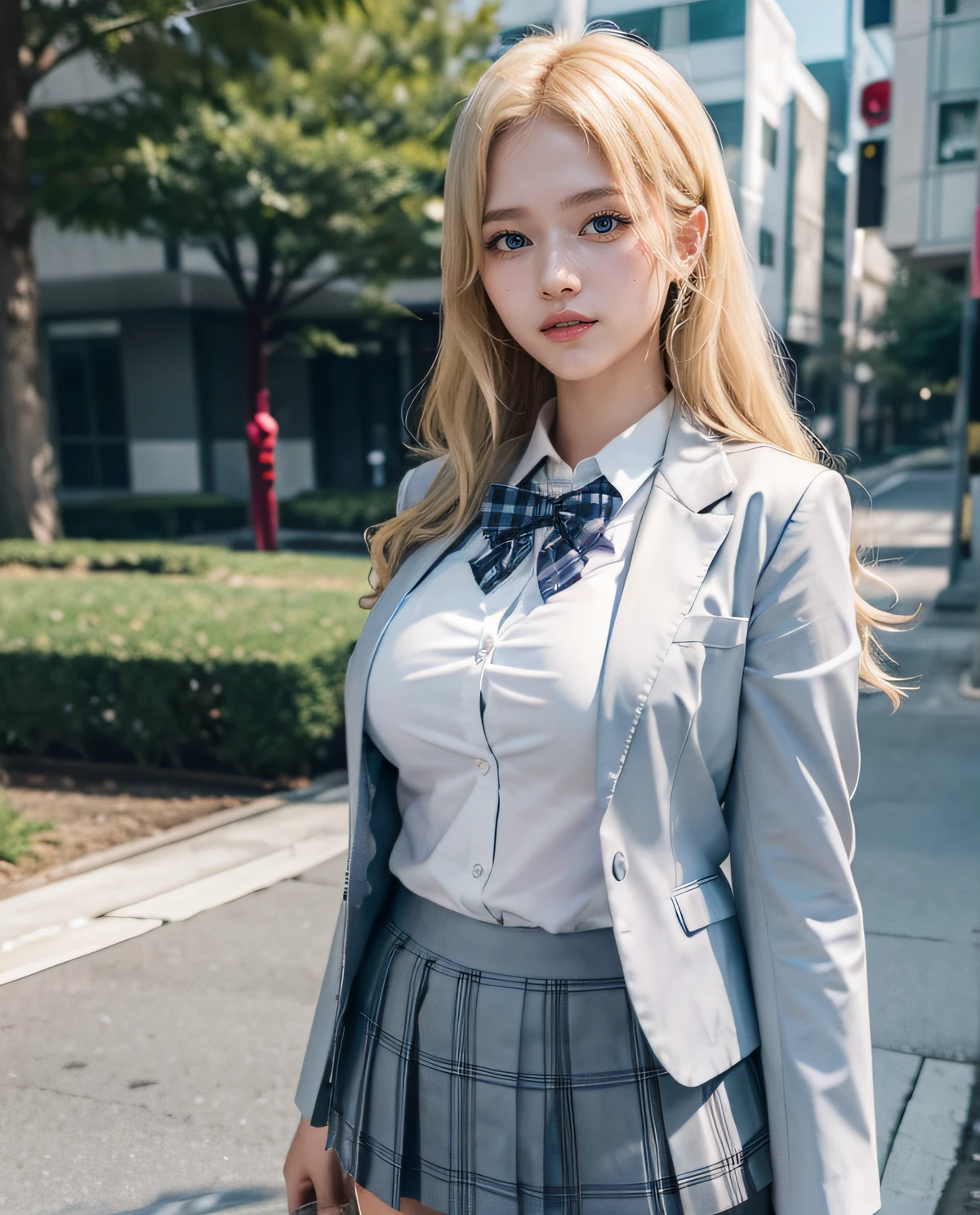 1girl, (Blue eyes), (smirk), (Sana Minatozaki), wide hips, Big Boobs, big ass, (Best Quality, 8k, Masterpiece: 1.3), perfect hands, Clear Focus: 1.2, Perfect Body Beauty: 1.4 , Slender Abs: 1.2, Highly detailed face and skin texture, detailed eyes, double eyelids, (blonde long hair), (white dress shirt :1.2), (gray school blazer), (plaid skirt), ((japanese school uniform)), ((schoolgirl :1.3)), standing dynamic pose, in the school yard, school in the background