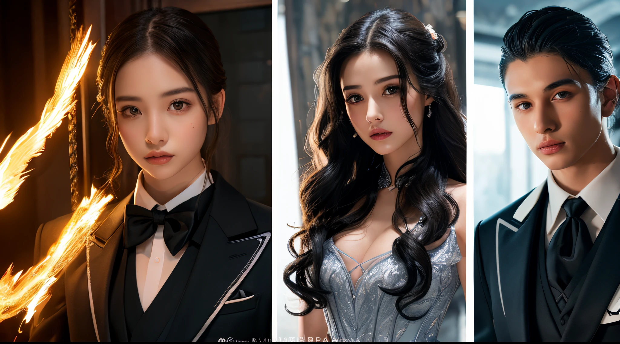 Hyperrealism Female Portrait、Fantasy Art、photoRealstic、Dynamic Lighting、art stations、poster for、Volume Lighting、extra detailed face、8K、Award-winning、1人、deep-shadows、cowboy shot、(formal outfit:1.4)、Long、japanes、unclear