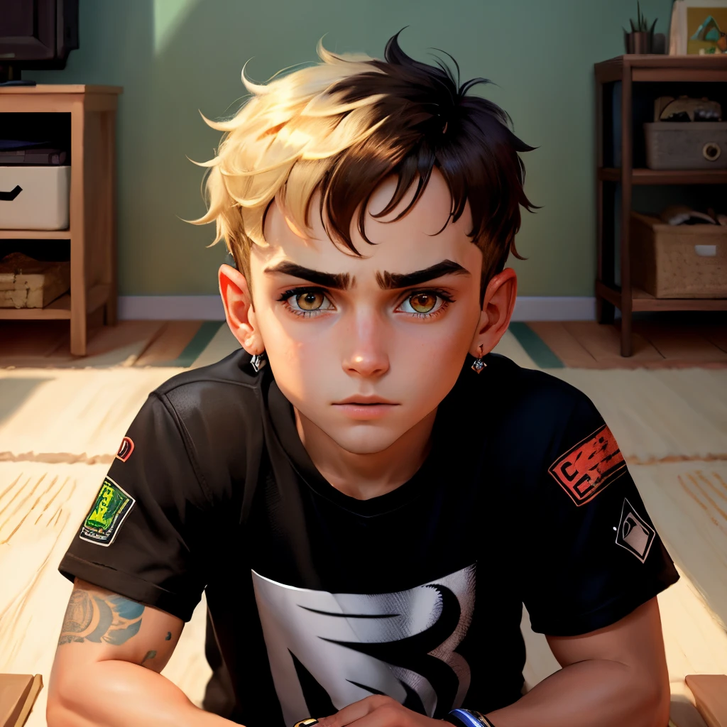 create art in the style of disney pixar covers where the boy is playing with a gamer setup the boy's characteristics are that he looks , is white, tem olhos castanhos, usa brinco de pedra de diamante, Has brunette hair but blonde at the ends, with bangs wrapped around his forehead and has an oriental dragon tattoo that covers his entire forearm and the dragon's head is on his hand