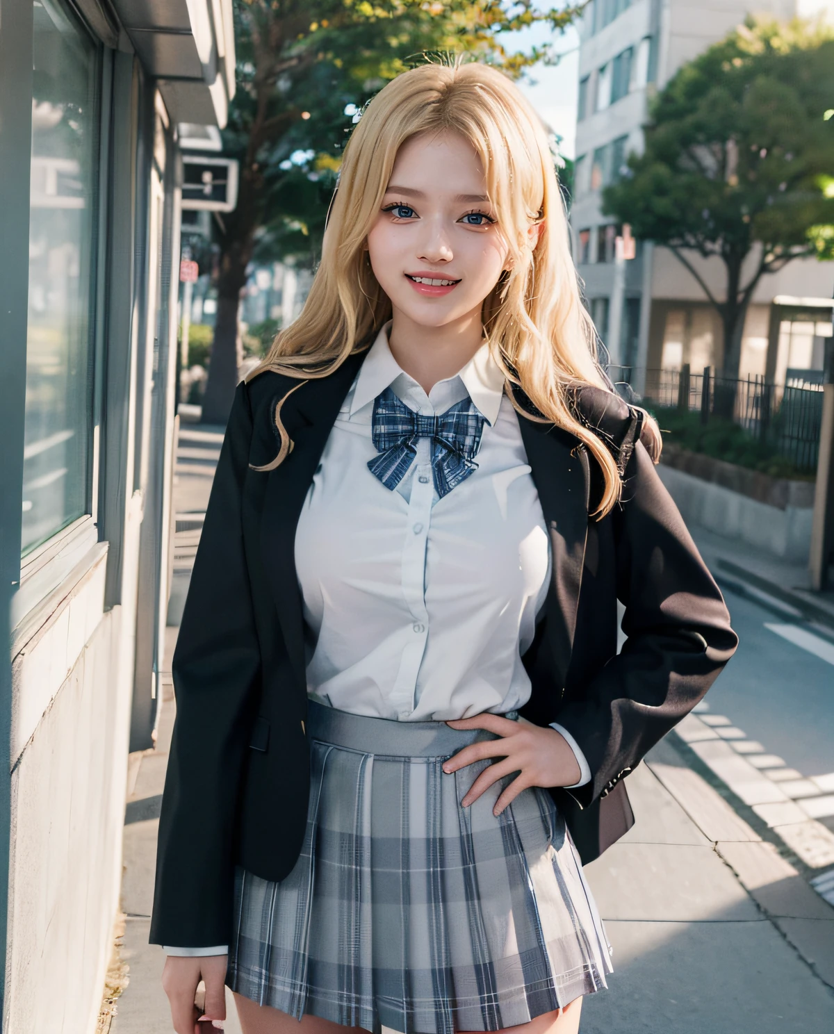 1girl, (Blue eyes), (laughing), (Sana Minatozaki), wide hips, Big Boobs, big ass, (Best Quality, 8k, Masterpiece: 1.3), perfect hands, Clear Focus: 1.2, Perfect Body Beauty: 1.4 , Slender Abs: 1.2, Highly detailed face and skin texture, detailed eyes, double eyelids, (blonde long hair), (white dress shirt :1.2), (gray school blazer), (plaid skirt), ((japanese school uniform)), ((schoolgirl :1.3)), standing dynamic pose, in the school yard, school in the background
