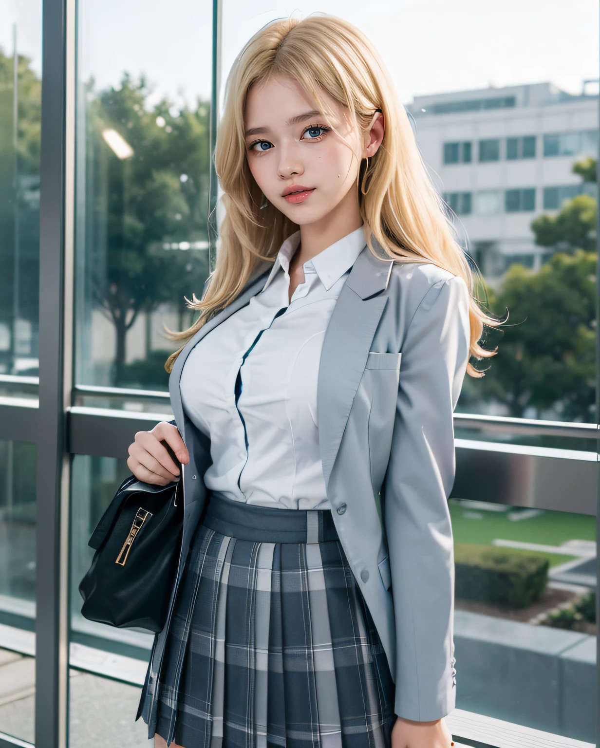 1girl, (Blue eyes), (laughing), (Sana Minatozaki), wide hips, Big Boobs, big ass, (Best Quality, 8k, Masterpiece: 1.3), perfect hands, Clear Focus: 1.2, Perfect Body Beauty: 1.4 , Slender Abs: 1.2, Highly detailed face and skin texture, detailed eyes, double eyelids, (blonde long hair), (white dress shirt :1.2), (gray school blazer), (plaid skirt), ((japanese school uniform)), ((schoolgirl :1.3)), standing dynamic pose, in the school yard, school in the background