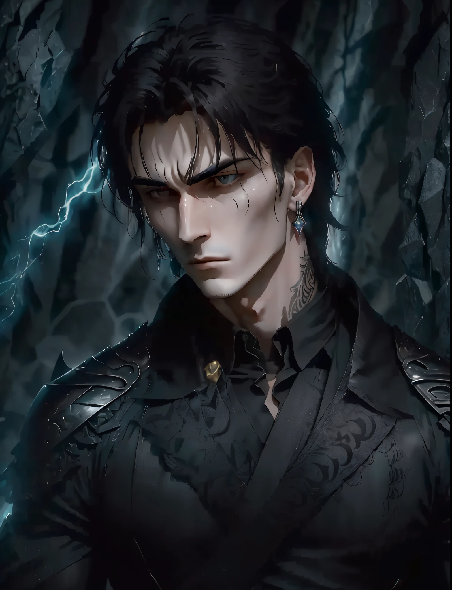 From the depths of shadowy power emerges Thairon, a young man of twenty, his countenance a captivating blend of regal elegance and enigmatic allure. His jet-black hair cascades in a sleek, untamed wave, framing his striking silver eyes, windows to secrets untold. His imposing demeanor exudes an aura of authority, a silent command that demands respect.

 Adorned in a tailored black business suit, Thairon embodies a refined style that belies his hidden depths. The crisp lines of his attire accentuate his lean, athletic build, hinting at the power that lies beneath. A silver watch gleams on his wrist, a testament to his appreciation for time and precision, while delicate earrings adorn his ears, adding a touch of unexpected grace.

 Intricate tattoos of black wisps dance upon his arms and neck, reminiscent of shadowy tendrils reaching for the light. These markings serve as a subtle reminder of his connection to the realm of darkness, a power he wields with both caution and confidence.

 His pointed ears, vestiges of an ancient lineage, grant him heightened senses, allowing him to perceive the world with an acuity that eludes ordinary mortals. And then there are the pointed teeth, a mark of distinction that sets him apart from the human crowd, a subtle reminder of his otherworldly nature.

 As darkness engulfs the world, Thairon's silver eyes emit a faint glow, illuminating his path and granting him an uncanny ability to navigate the shadows with ease. This ethereal luminescence serves as a beacon in the gloom, a testament to his unique connection to the unseen forces that govern the night.

 Thairon stands as a captivating enigma, a fusion of light and darkness, power and grace. His imposing demeanor conceals a keen intellect and a compassionate heart, while his shadowy powers hint at a hidden destiny that awaits him in the depths of the unknown.