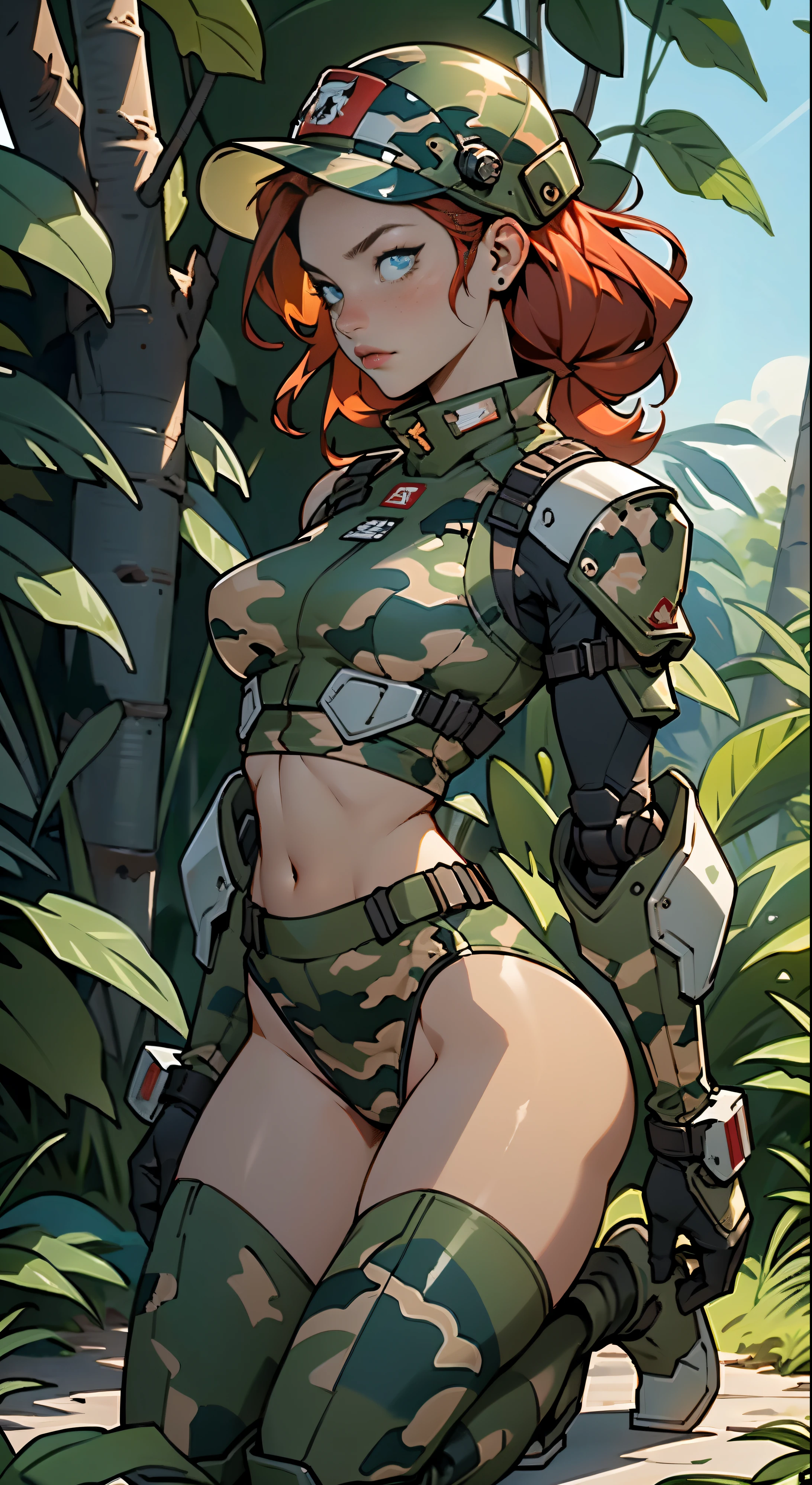 1woman 20 years old, max resolution, sculpted, military, wearing a soldier helmet, beautiful, perfect body, red hair, blue eyes, perfect body, thin waist, wide hips, large breasts, slim thighs, jungle background, armored vehicle, military robot dog, camouflaged uniform, tight panties, two-piece, highly detailed, high resolution, perfect hands, side view, camo, face fully turned to the side to look at the viewer, turn her head to look at the viewer, genuflection kneeling, one knee on ground, one knee up, bare shoulders