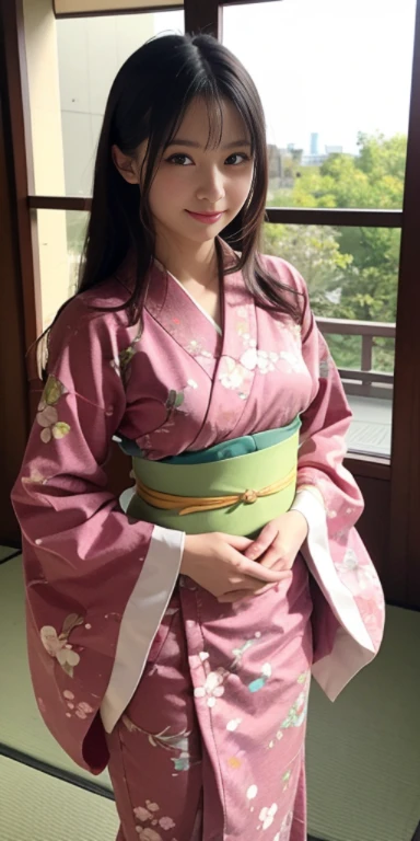 (masutepiece, Best Quality:1.4), Beautiful face, 8K, 85 mm, absurderes, ((FULL BODYSHOT:1.3))、((traditional Japanese room(With futon)))、(Floral pattern long-sleeved kimono:1.4), cowboy shot、violaceaess, gardeniass, Delicate girl, Solo, Long bob hair、Night, Looking at Viewer, Upper body, Film grain, chromatic abberation, Sharp Focus, face lights, Professional Lighting, Sophisticated, (Smile:0.4), (Simple background, Bokeh background:1.2), Detail Face